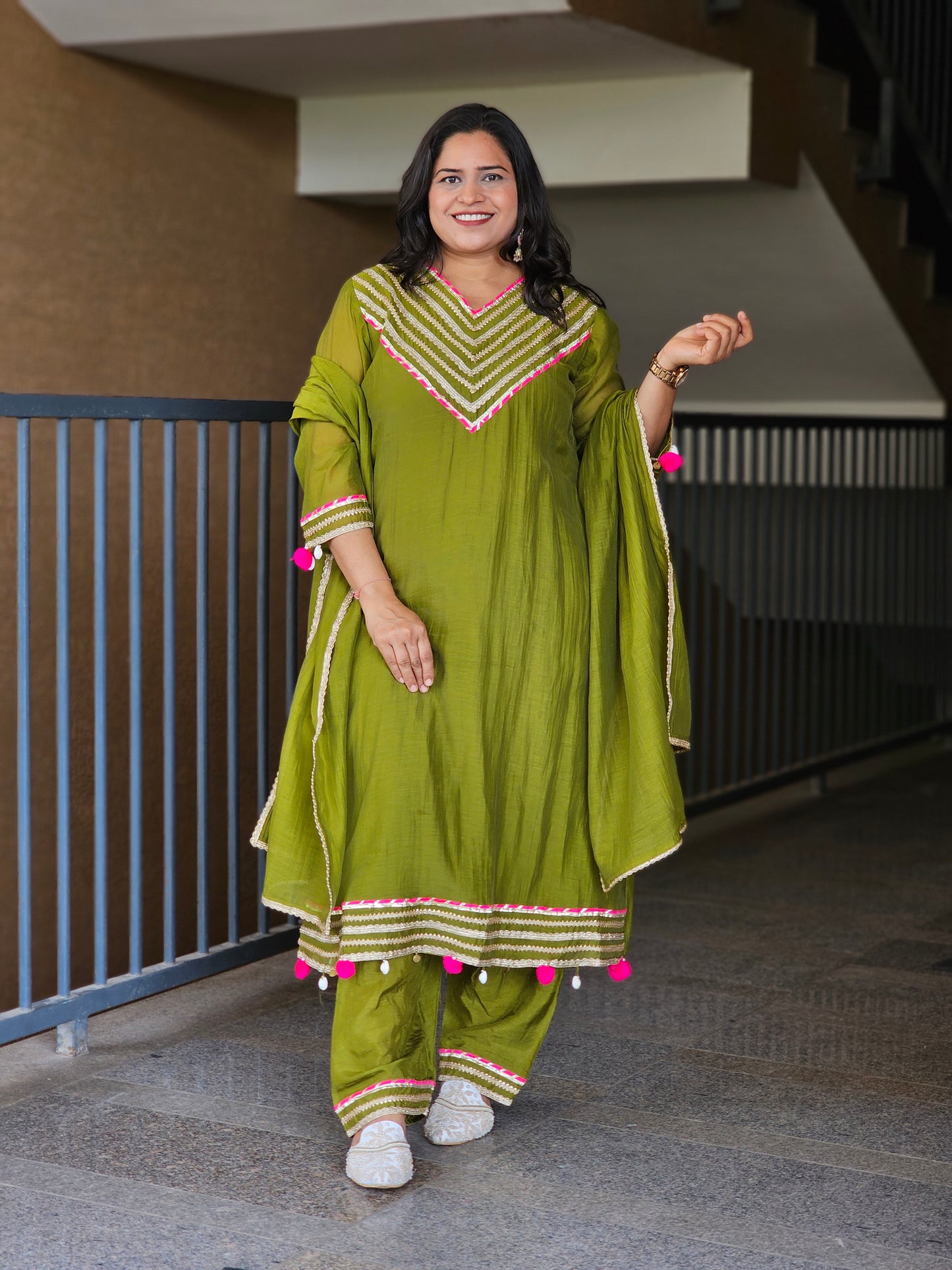 Olive Green Gota Patti Flared Suit Set