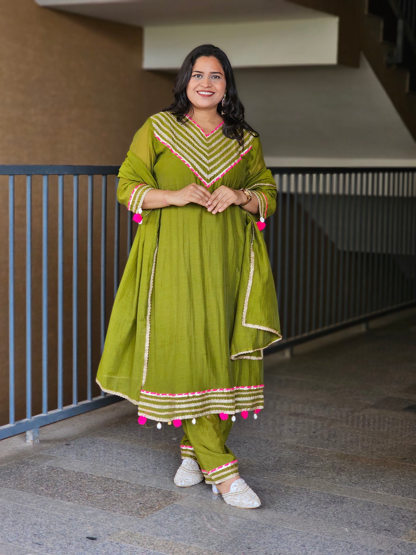 Olive Green Gota Patti Flared Suit Set