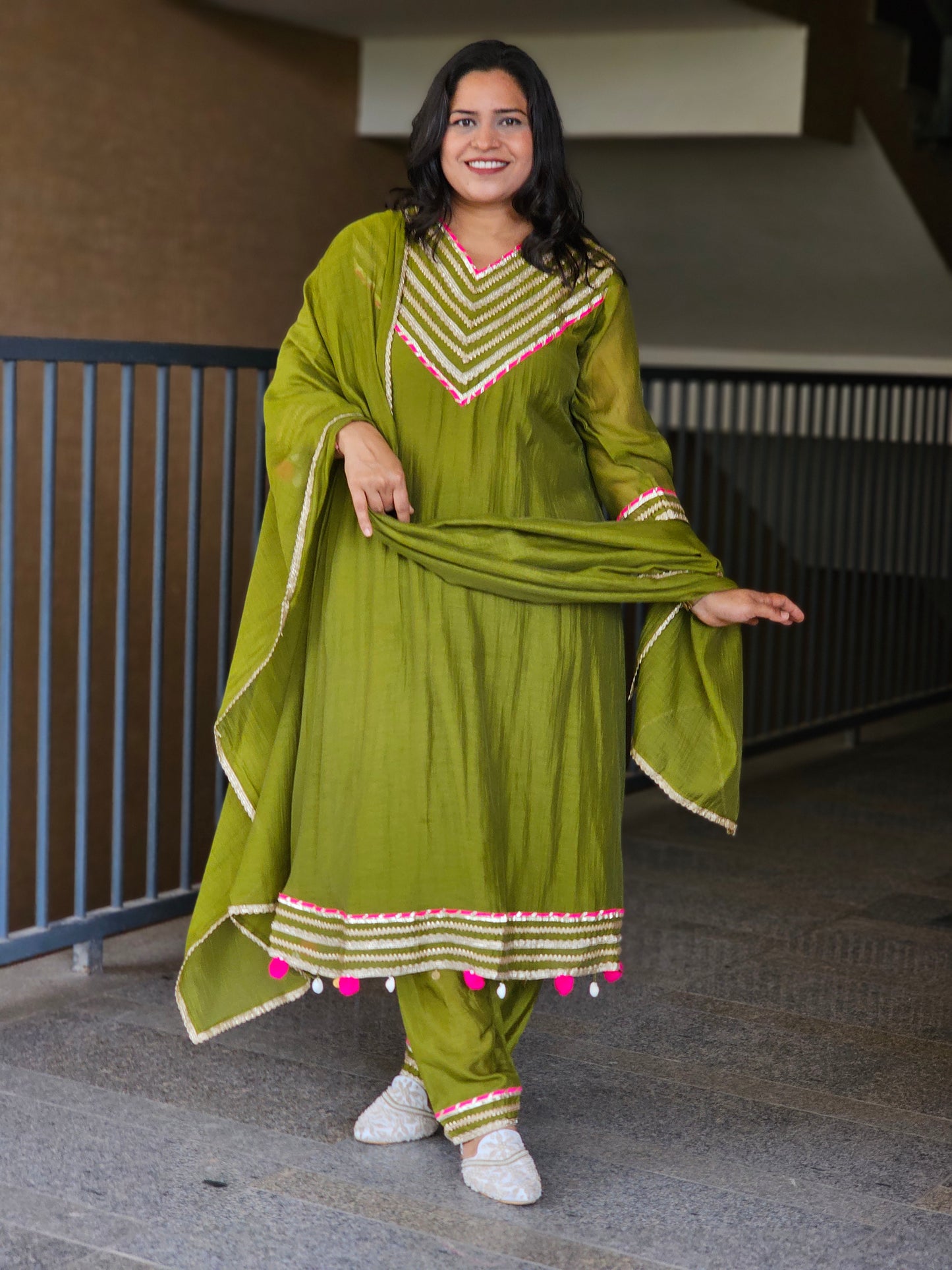 Olive Green Gota Patti Flared Suit Set