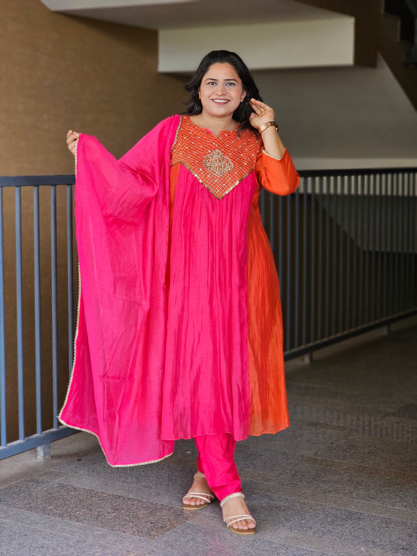 Orange & Rani Pink Anarkali Suit Set