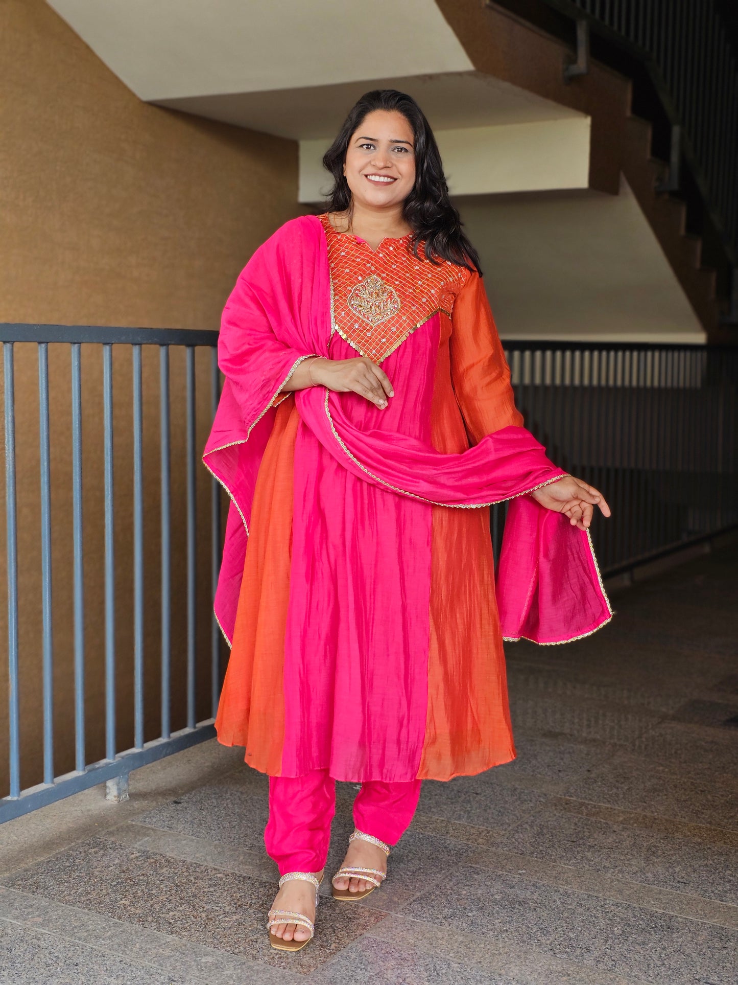 Orange & Rani Pink Anarkali Suit Set