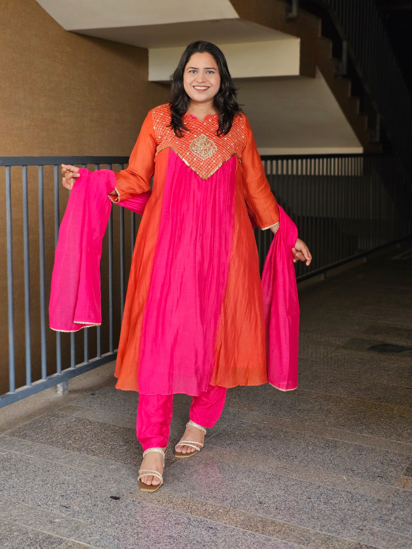 Orange & Rani Pink Anarkali Suit Set