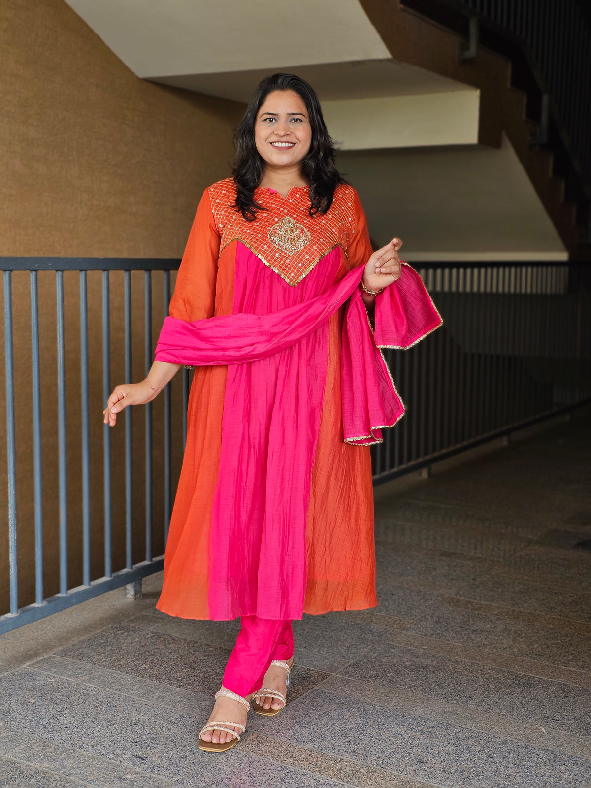 Orange & Rani Pink Anarkali Suit Set