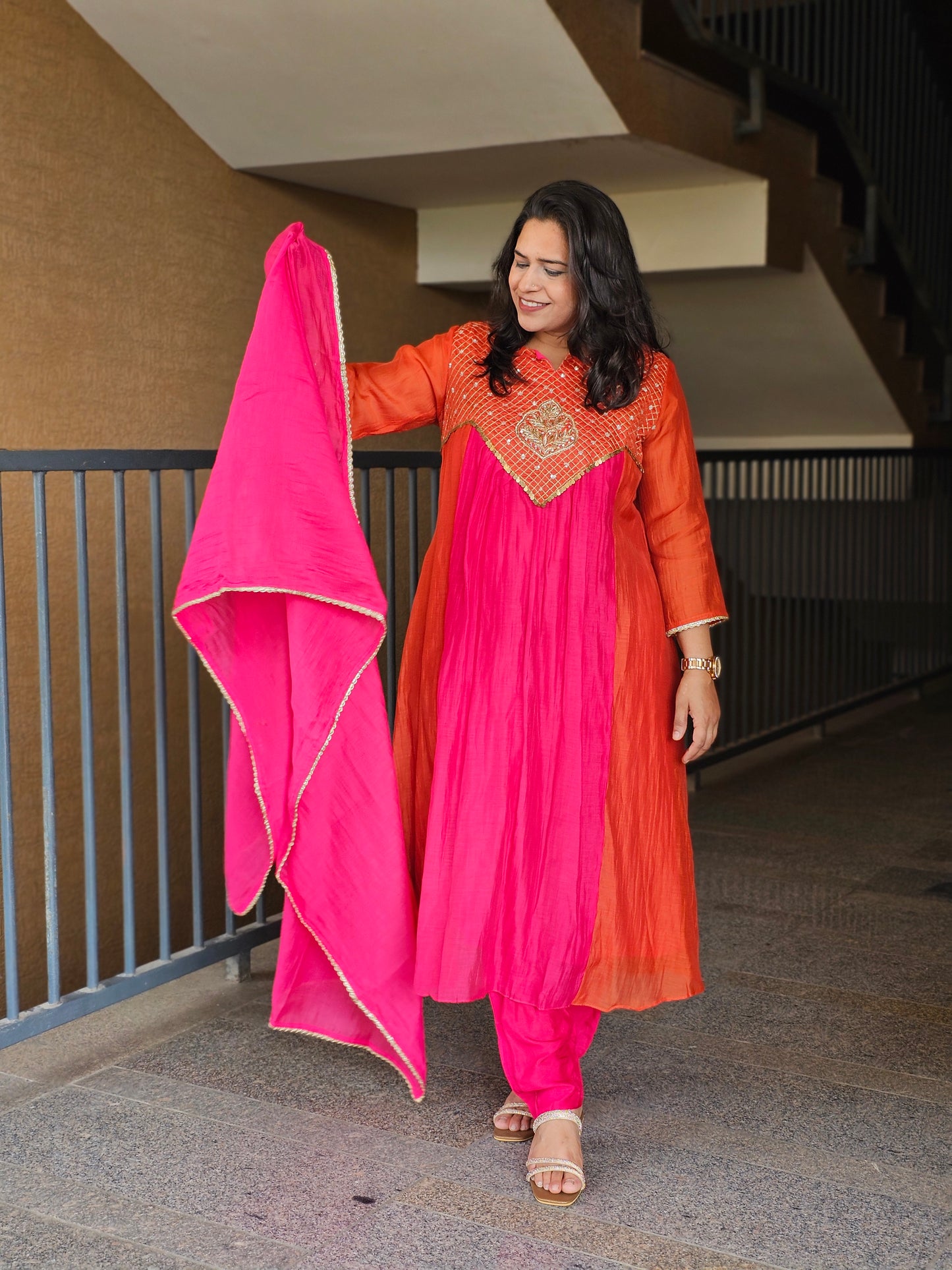 Orange & Rani Pink Anarkali Suit Set