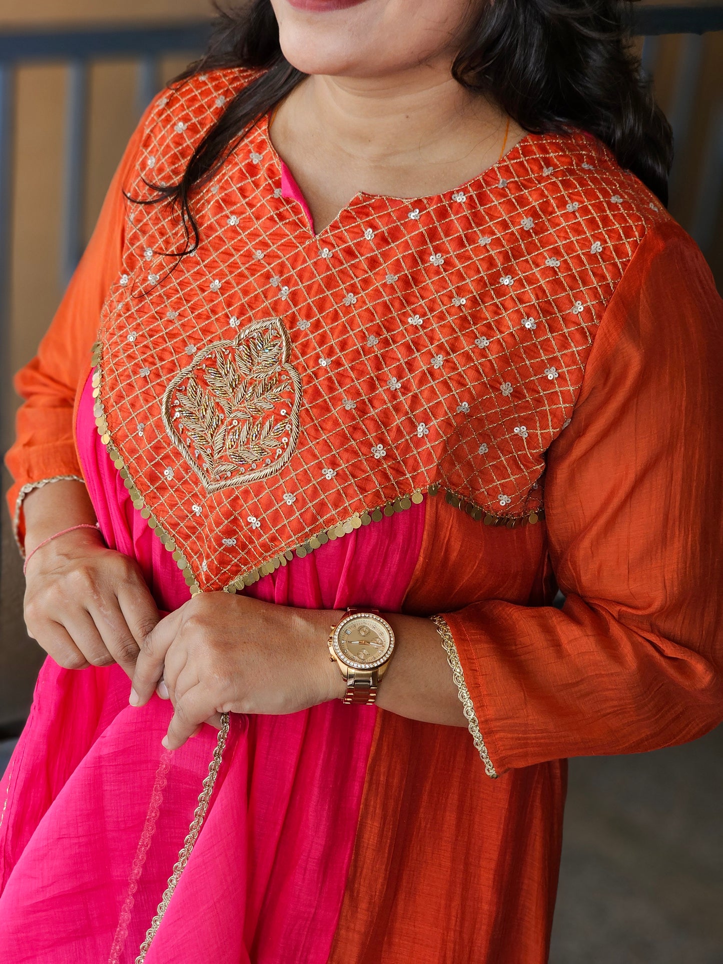 Orange & Rani Pink Anarkali Suit Set