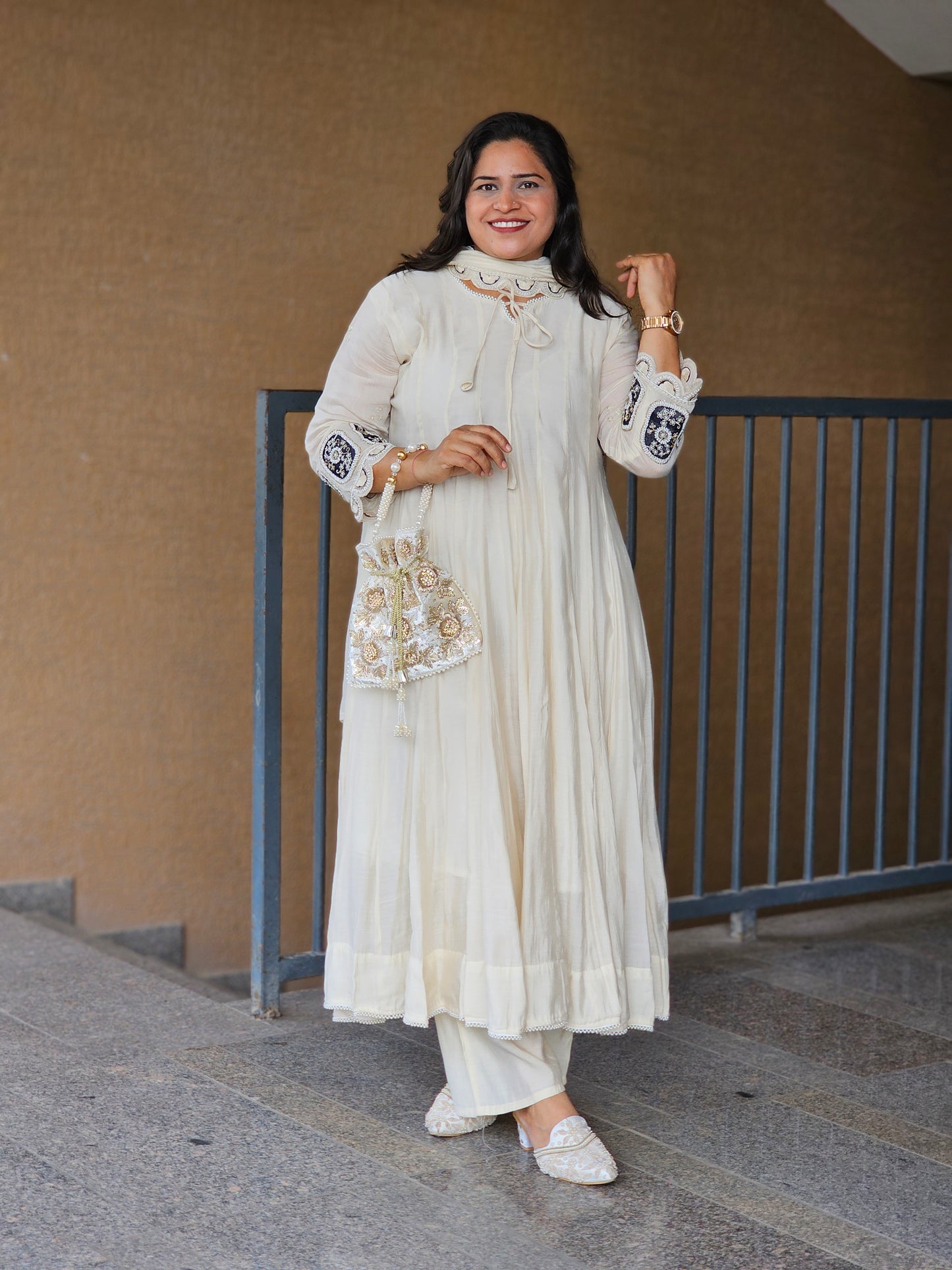 Ivory Embroidered Flared Anarkali Set
