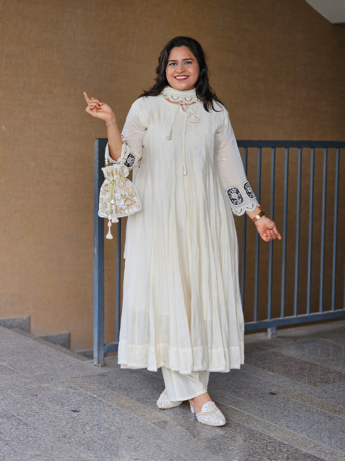 Ivory Embroidered Flared Anarkali Set