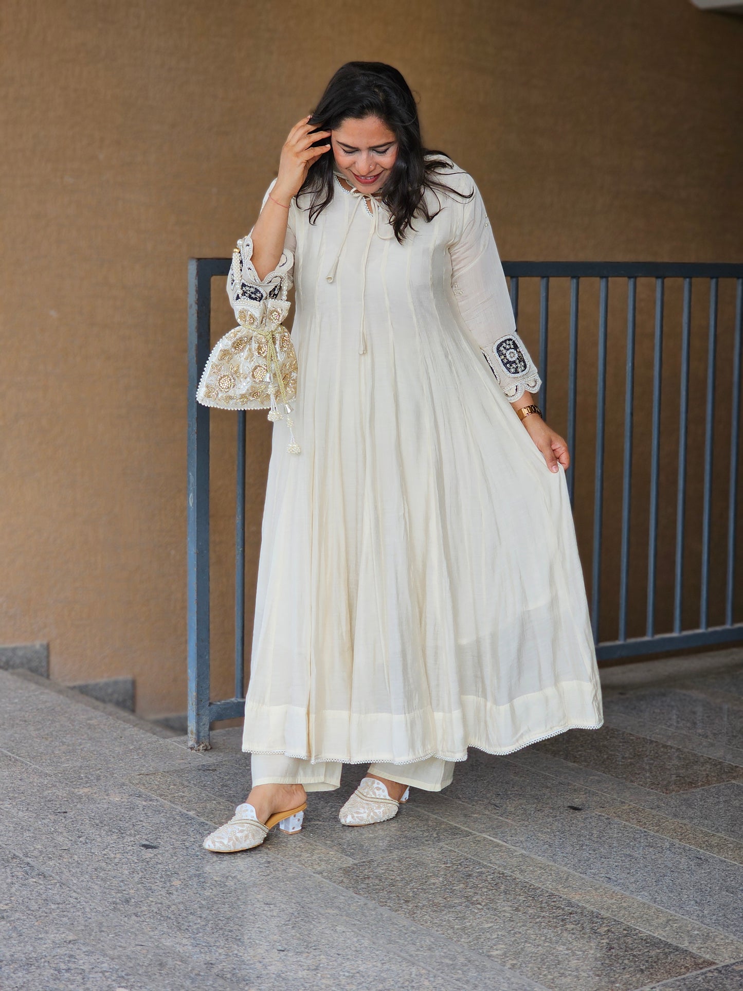 Ivory Embroidered Flared Anarkali Set