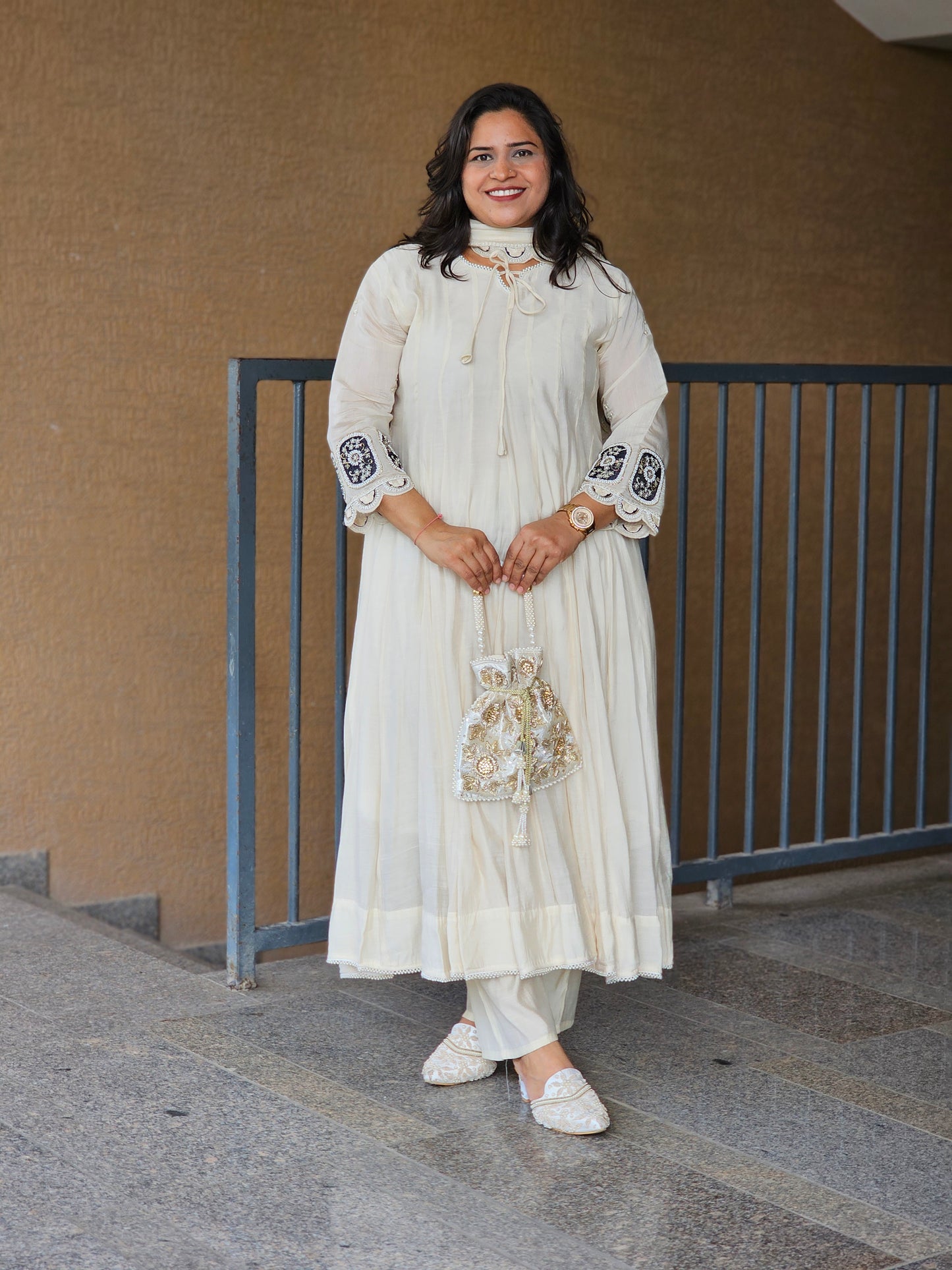 Ivory Embroidered Flared Anarkali Set