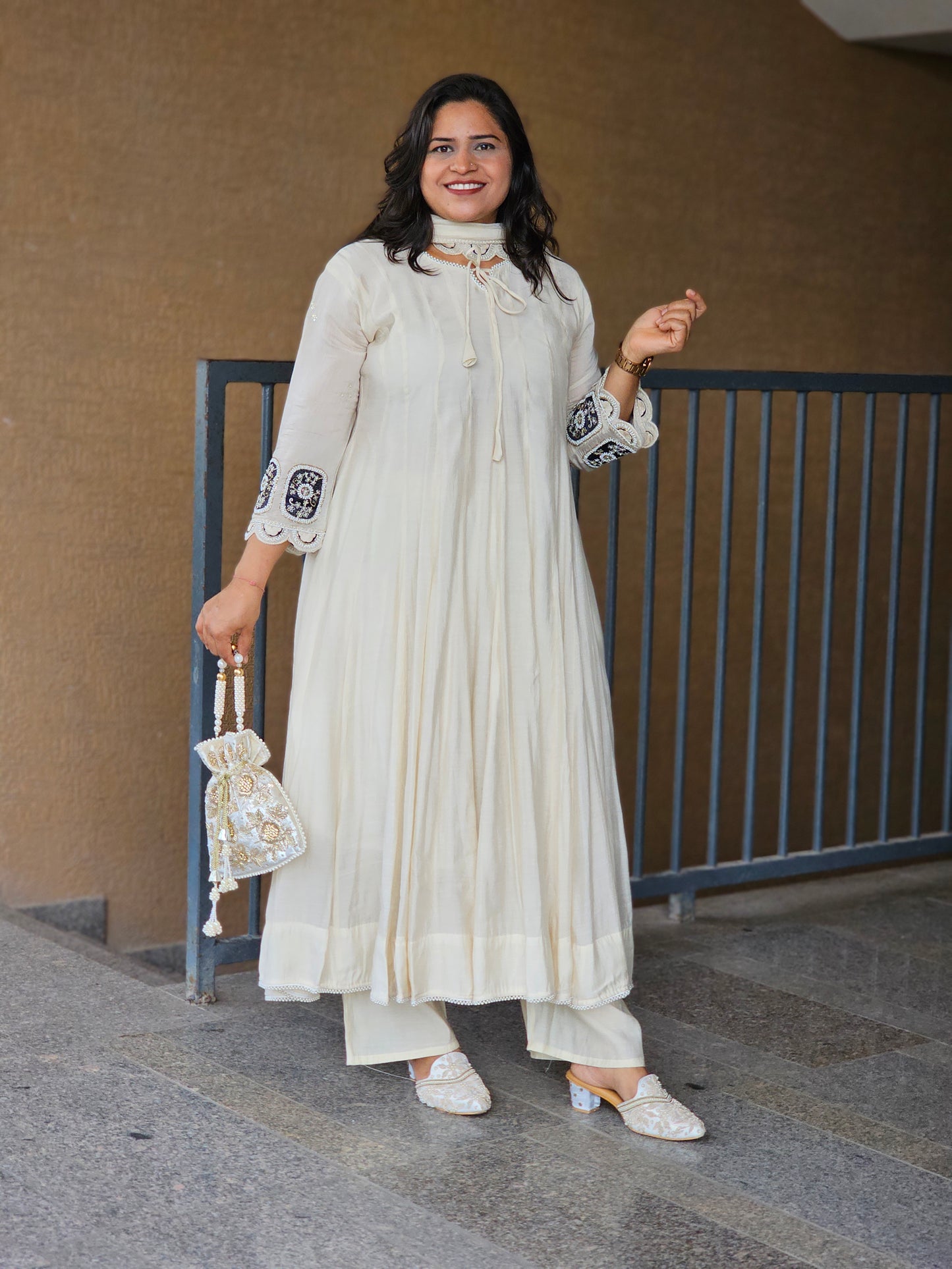 Ivory Embroidered Flared Anarkali Set
