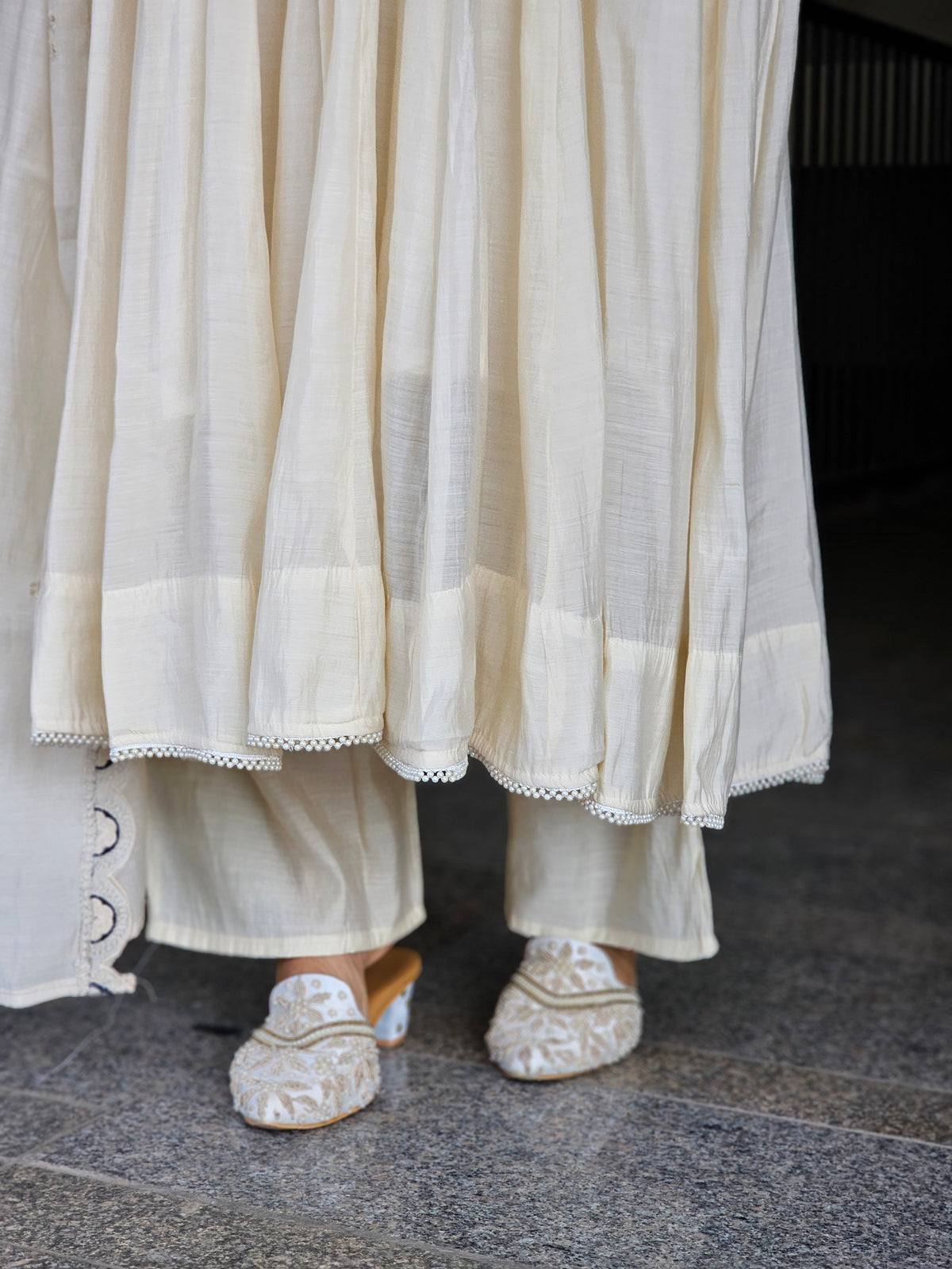 Ivory Embroidered Flared Anarkali Set