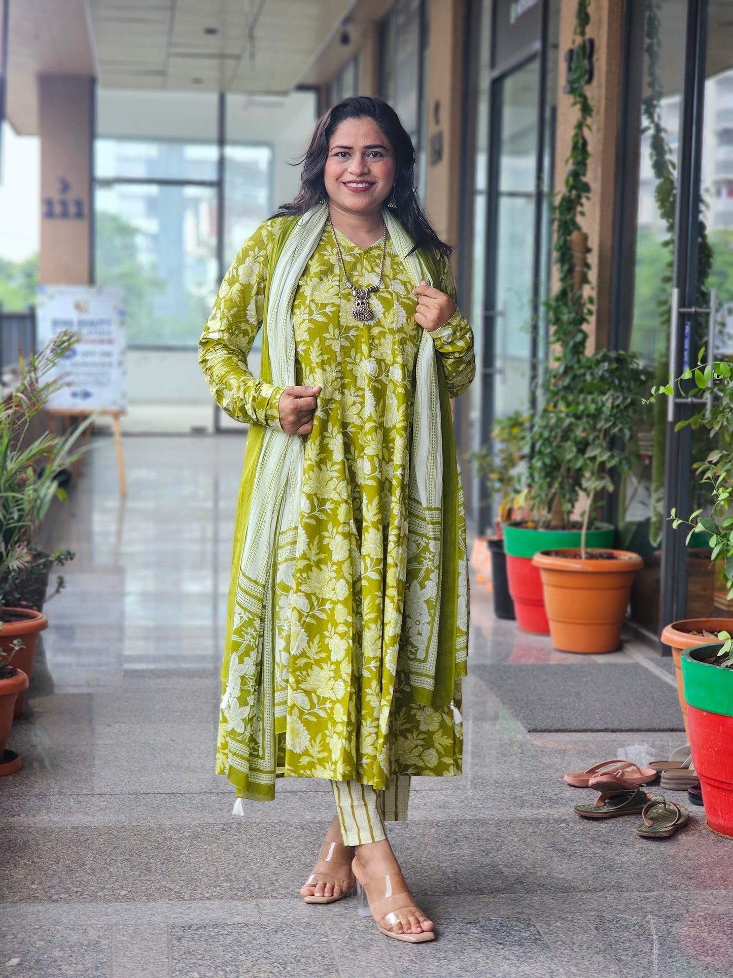 Fresh Olive Printed Cotton Anarkali Suit Set