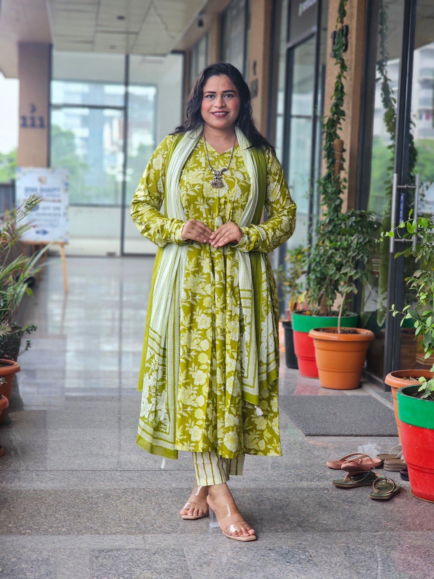 Fresh Olive Printed Cotton Anarkali Suit Set