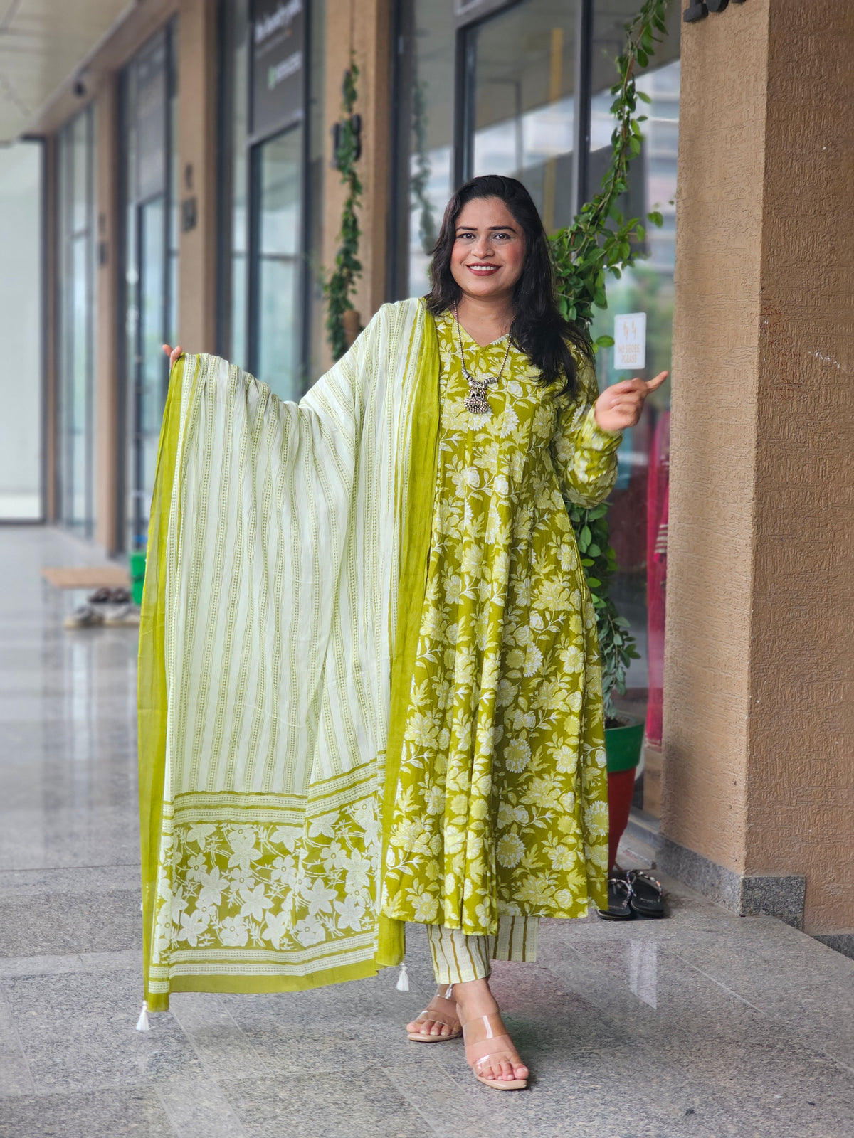 Fresh Olive Printed Cotton Anarkali Suit Set