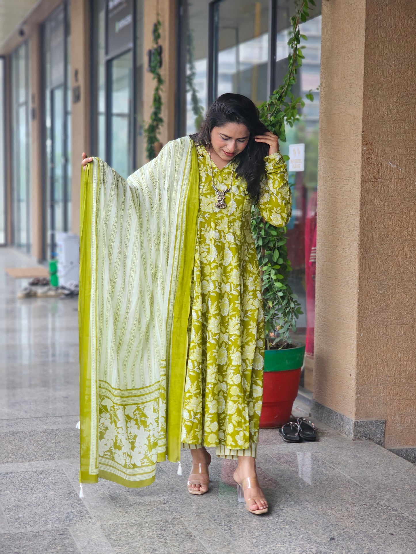 Fresh Olive Printed Cotton Anarkali Suit Set