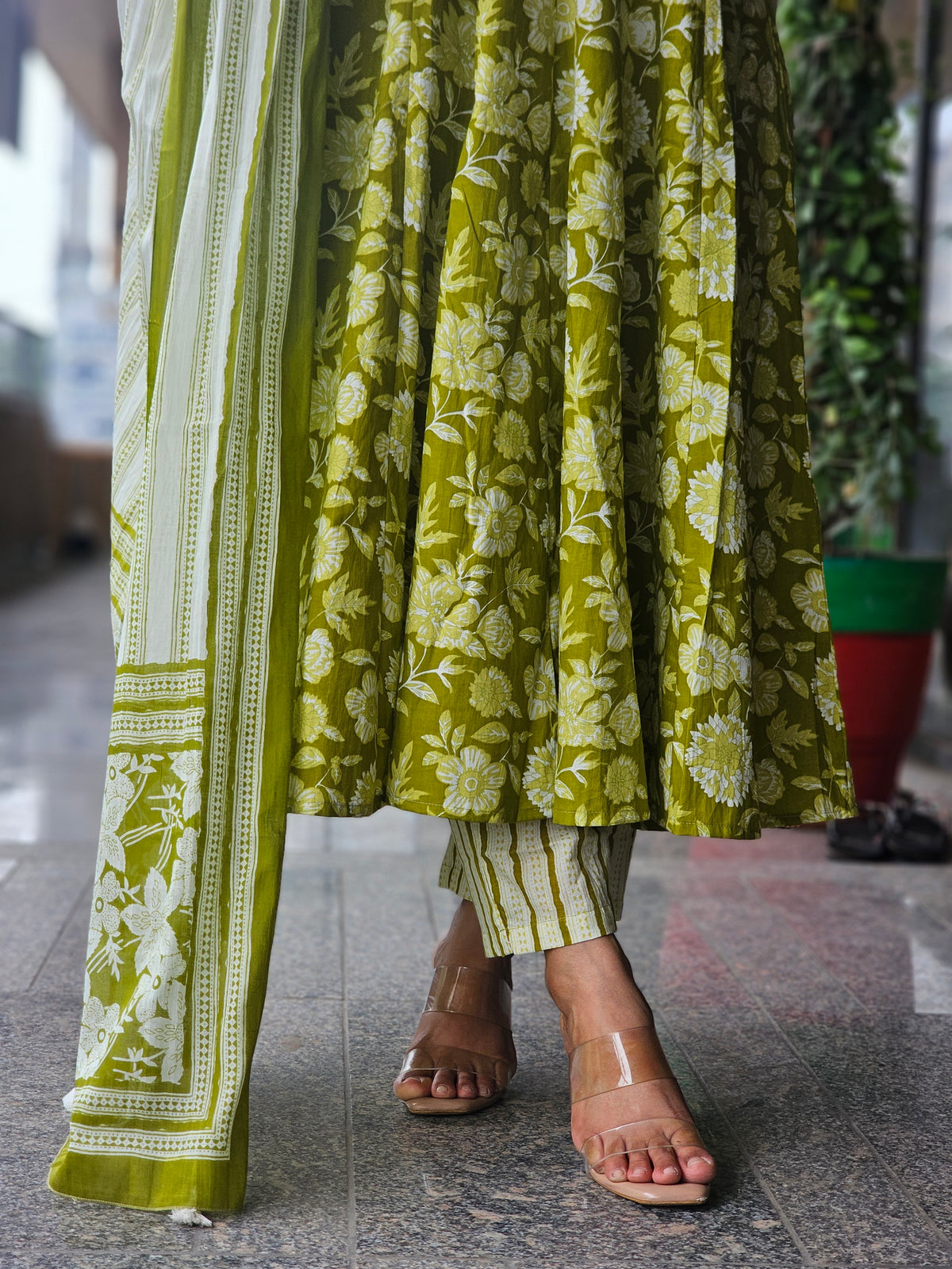 Fresh Olive Printed Cotton Anarkali Suit Set