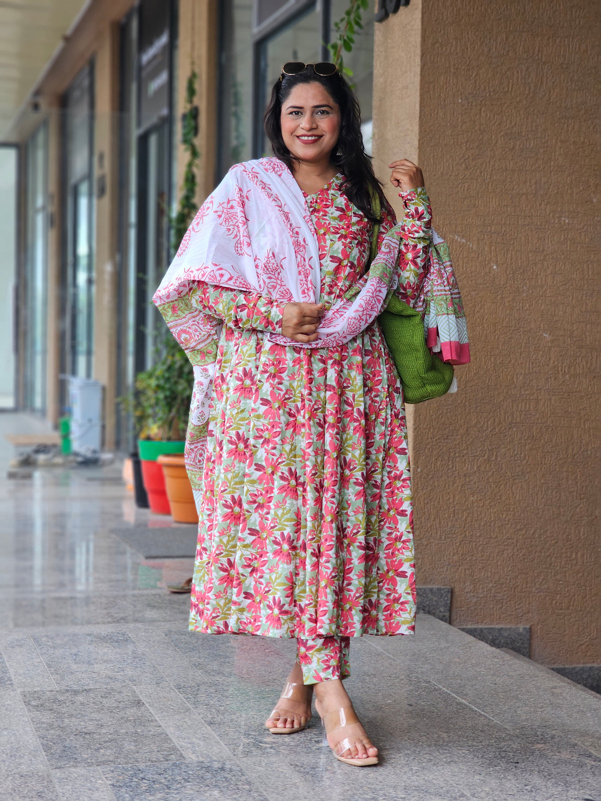 Rust Red Floral Flared Kurta Set with Dupatta