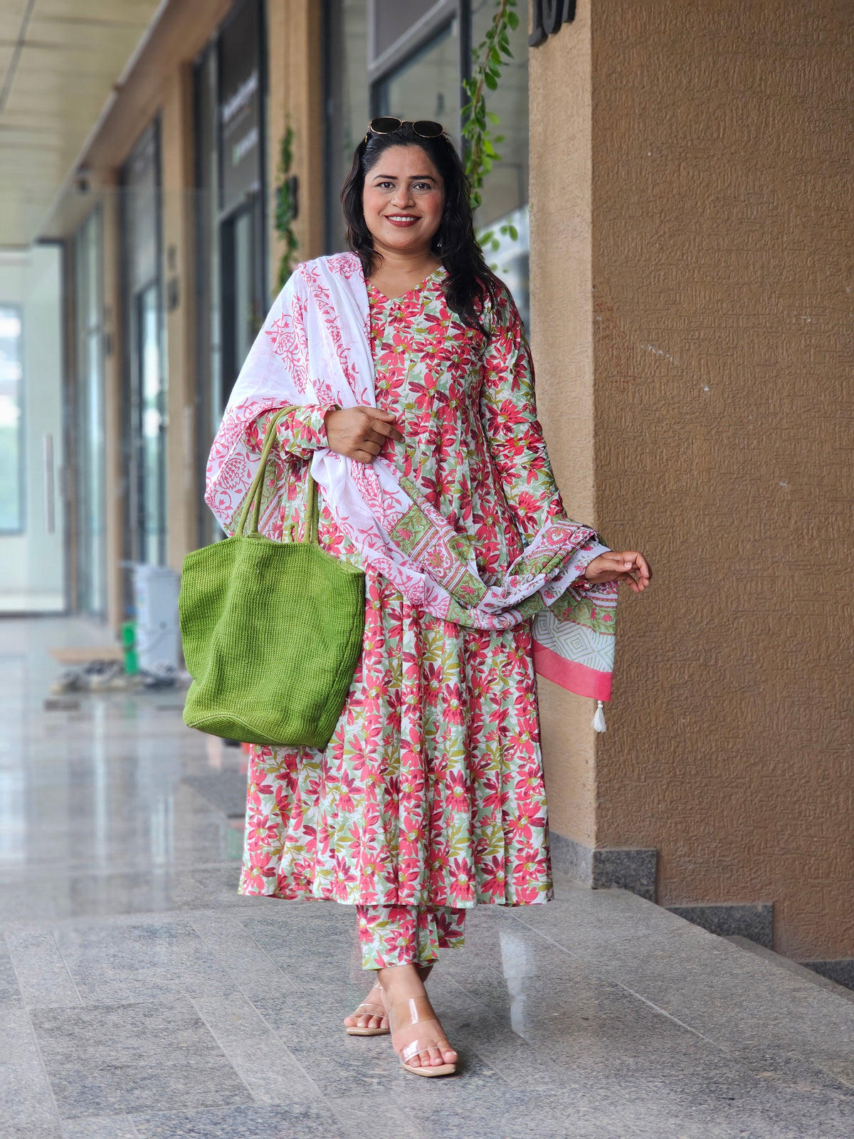 Rust Red Floral Flared Kurta Set with Dupatta