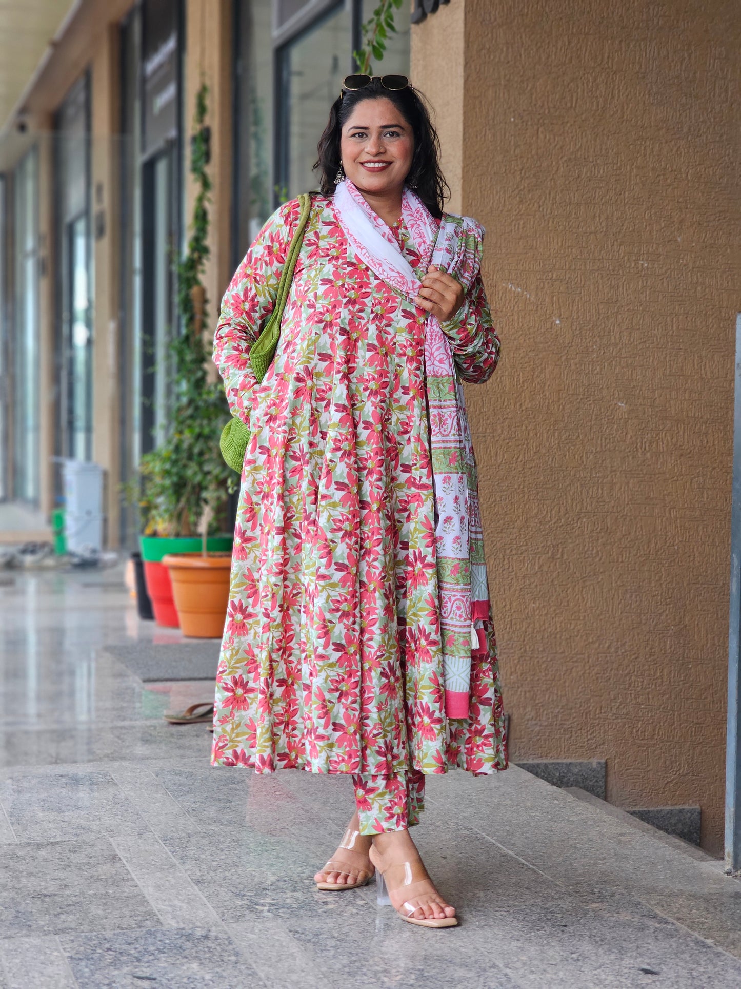 Rust Red Floral Flared Kurta Set with Dupatta