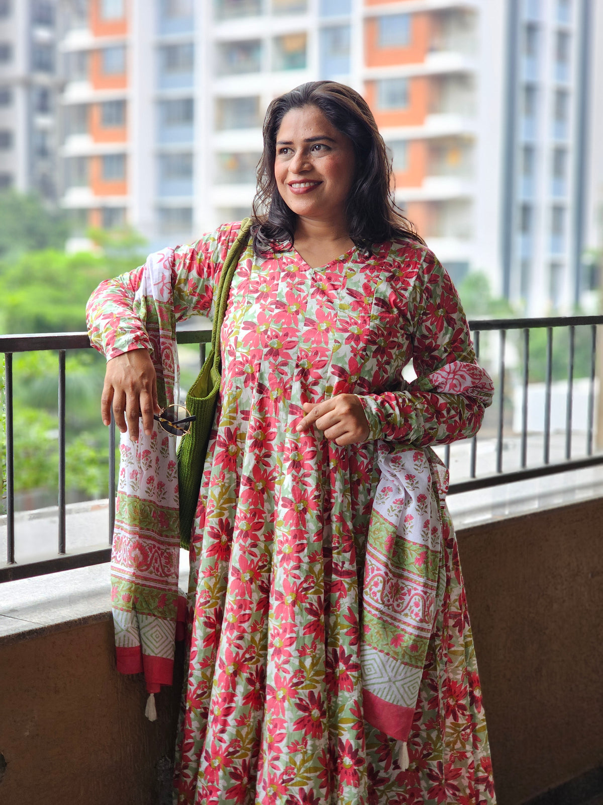 Rust Red Floral Flared Kurta Set with Dupatta