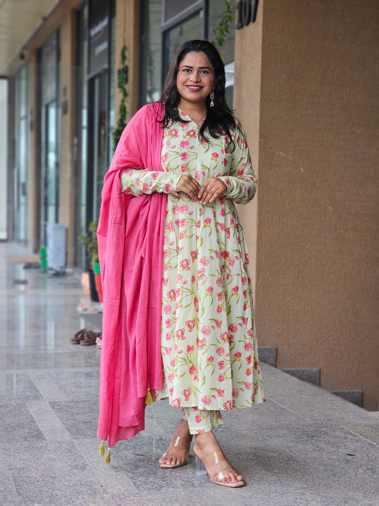 Pink Tulip Floral Flared Anarkali Kurta Set