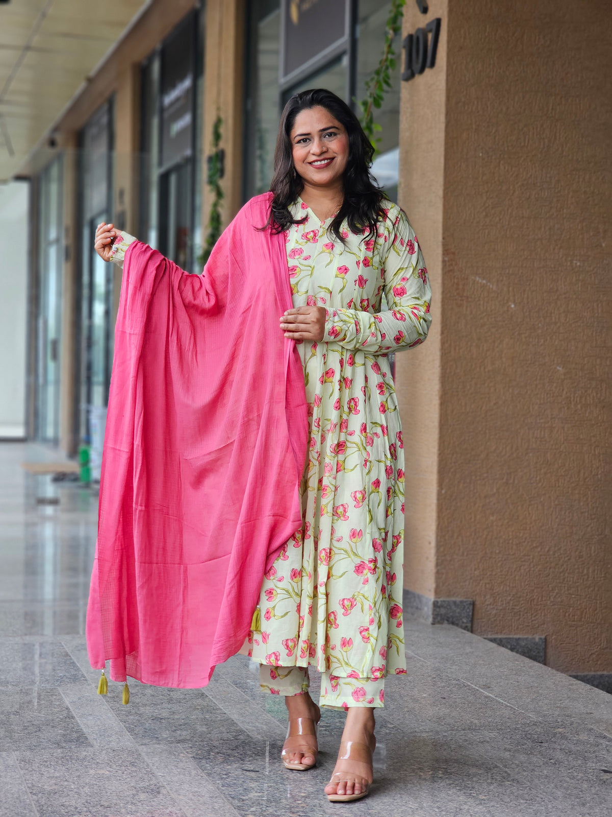 Pink Tulip Floral Flared Anarkali Kurta Set