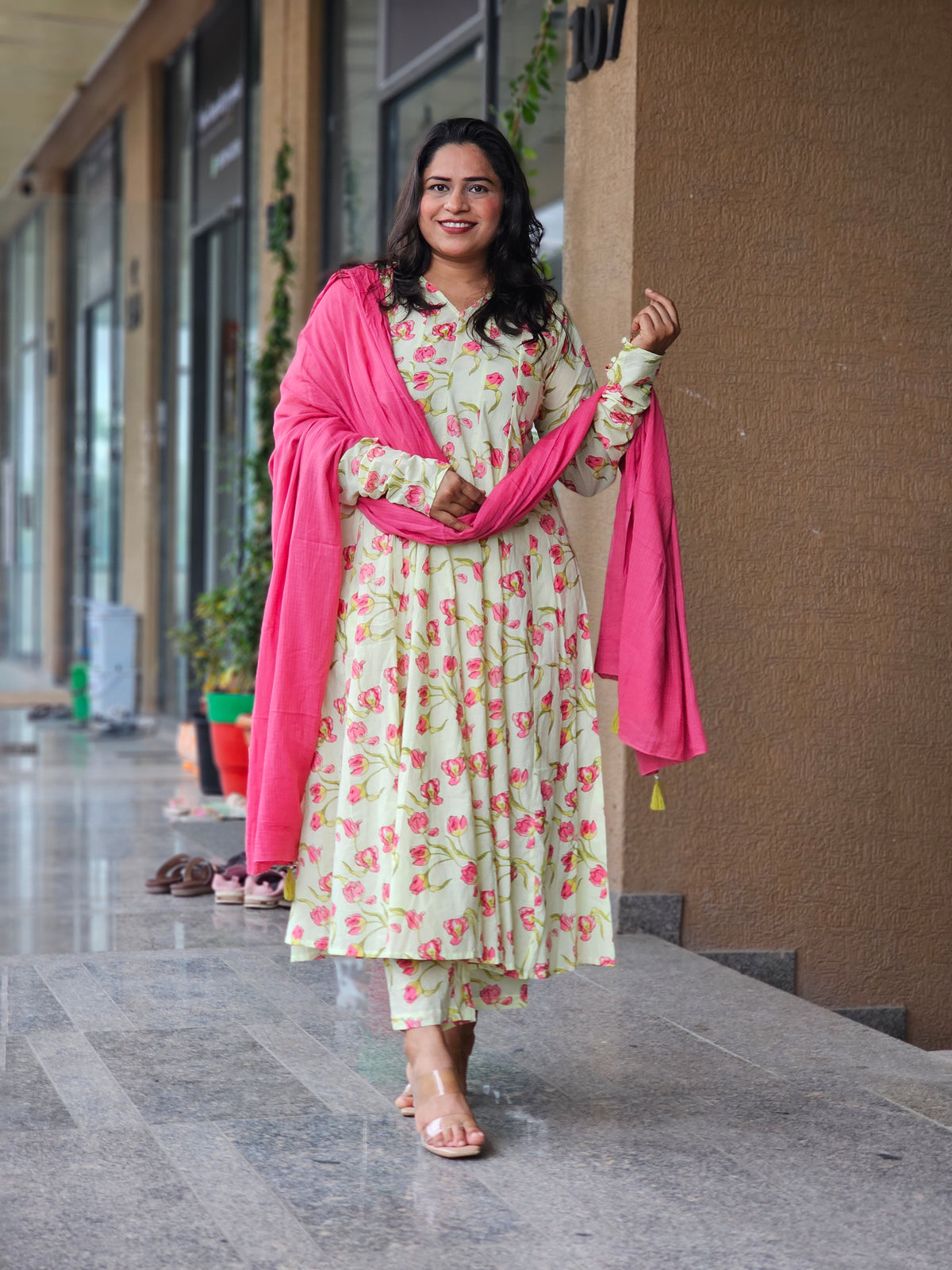 Pink Tulip Floral Flared Anarkali Kurta Set