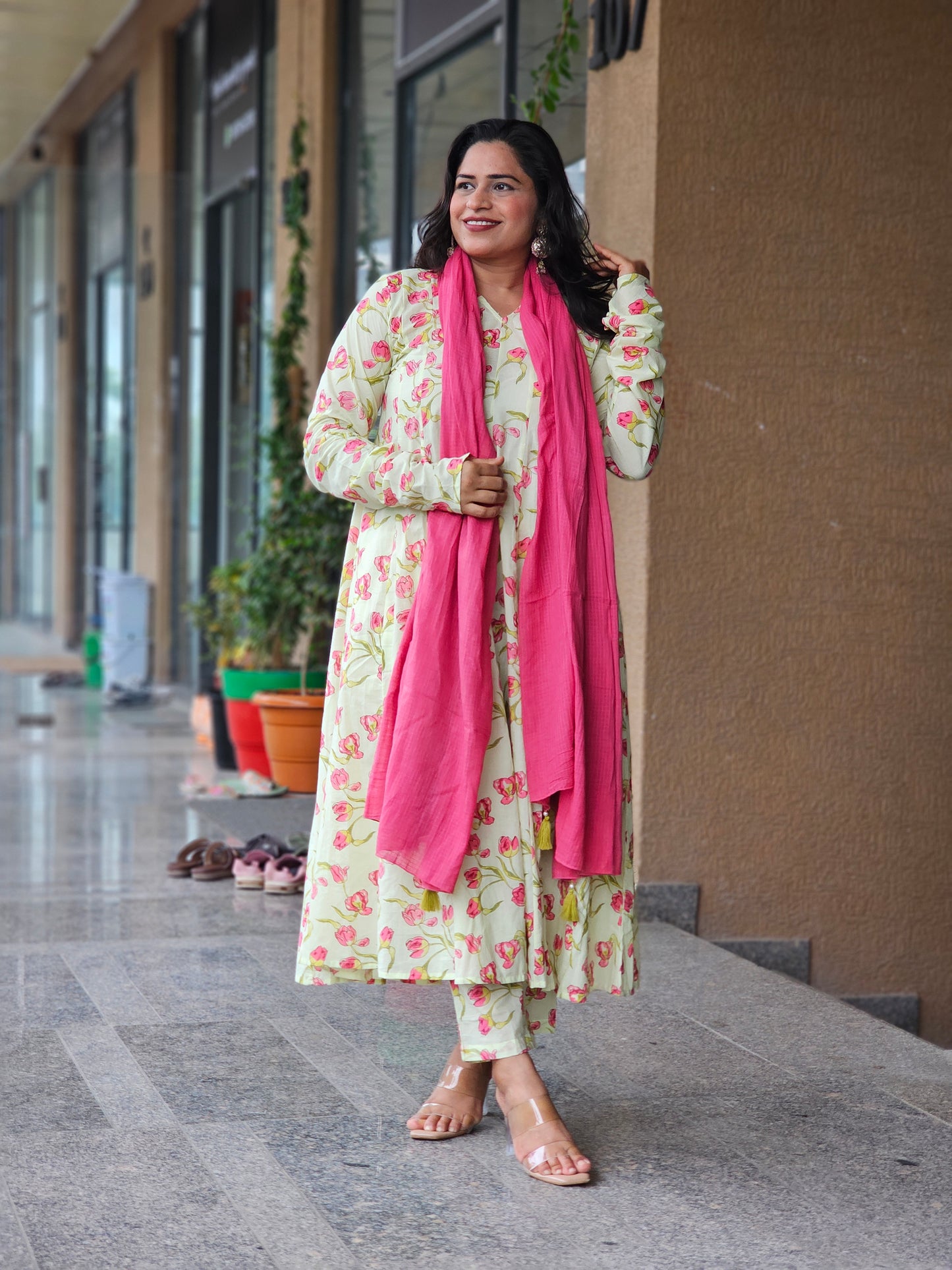 Pink Tulip Floral Flared Anarkali Kurta Set