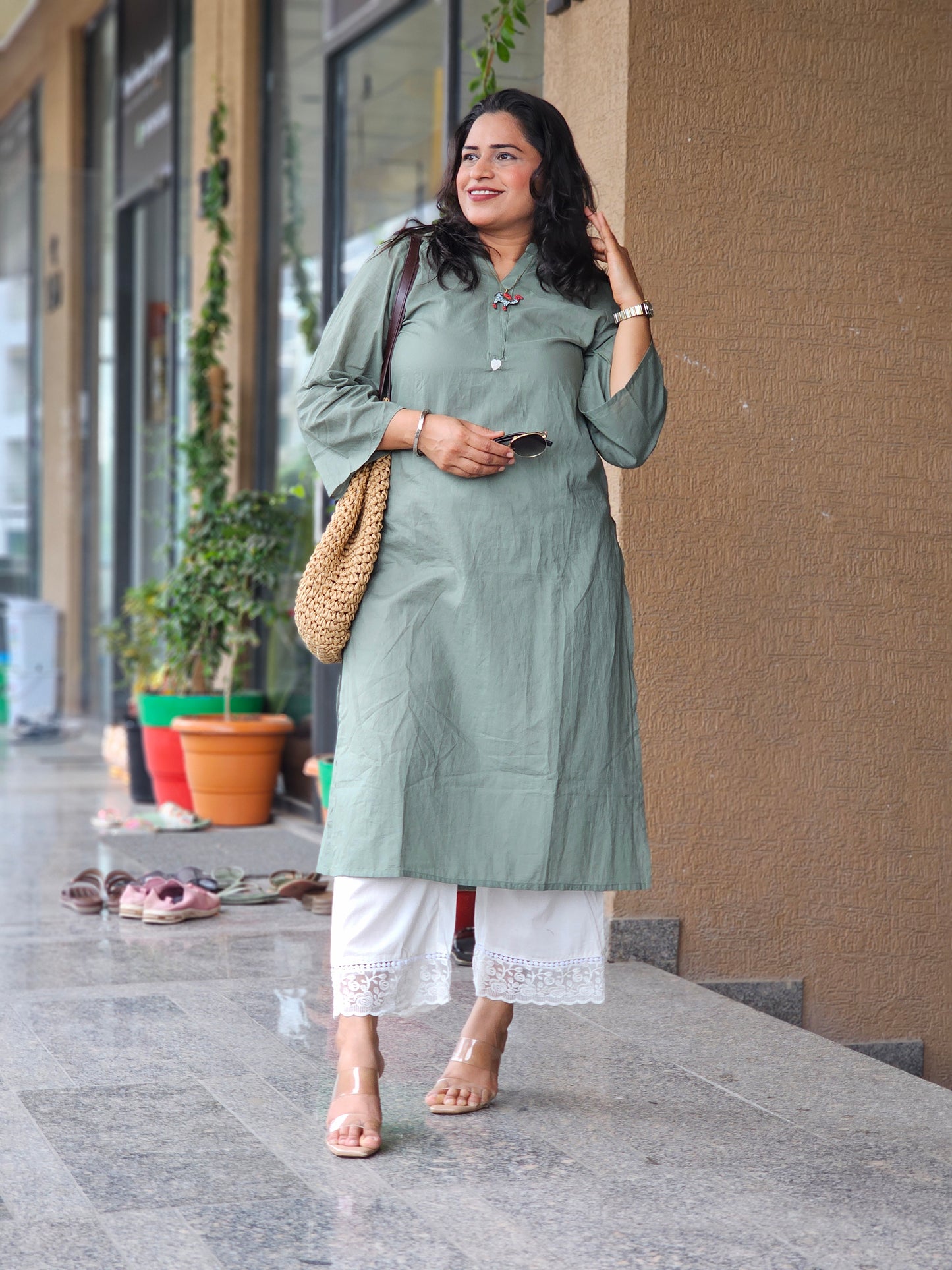 Sage Green Solid Kurta Plazo Set