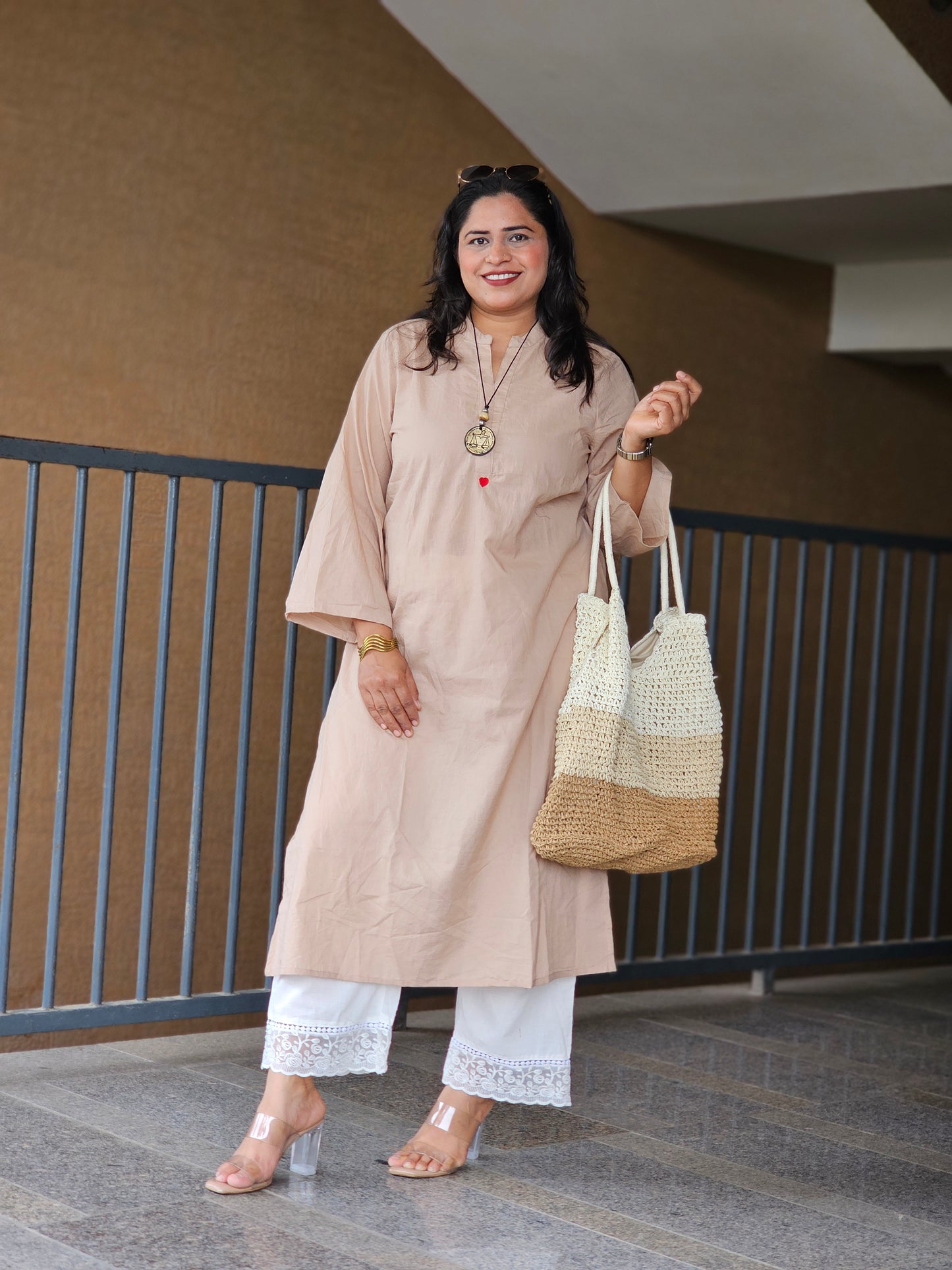Beige Solid Kurta Plazo Set
