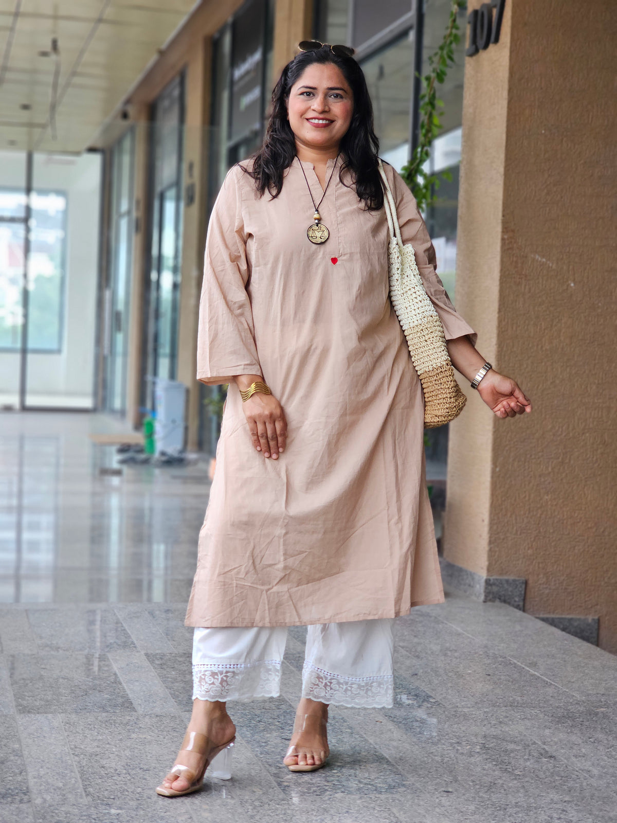 Beige Solid Kurta Plazo Set