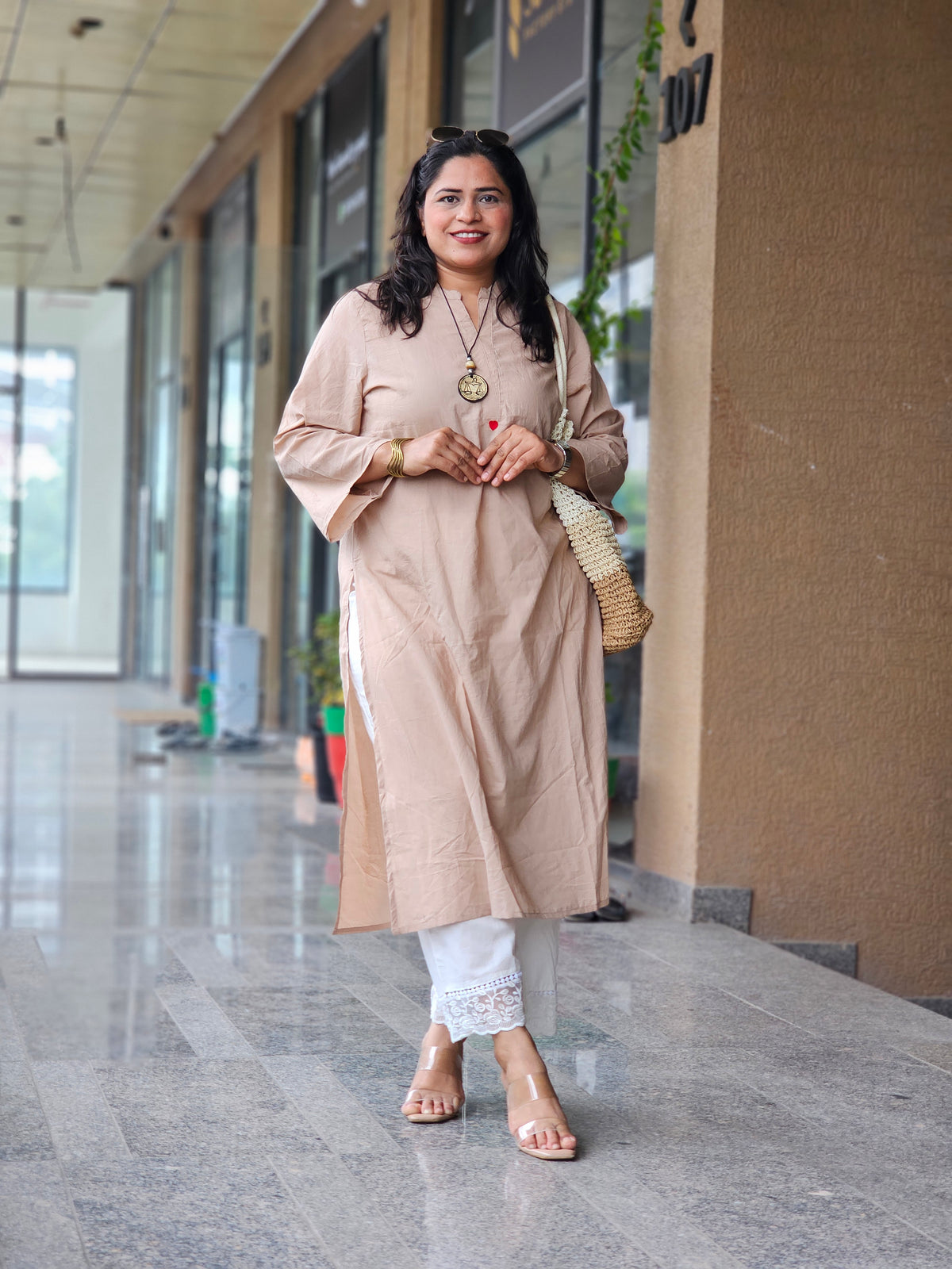 Beige Solid Kurta Plazo Set