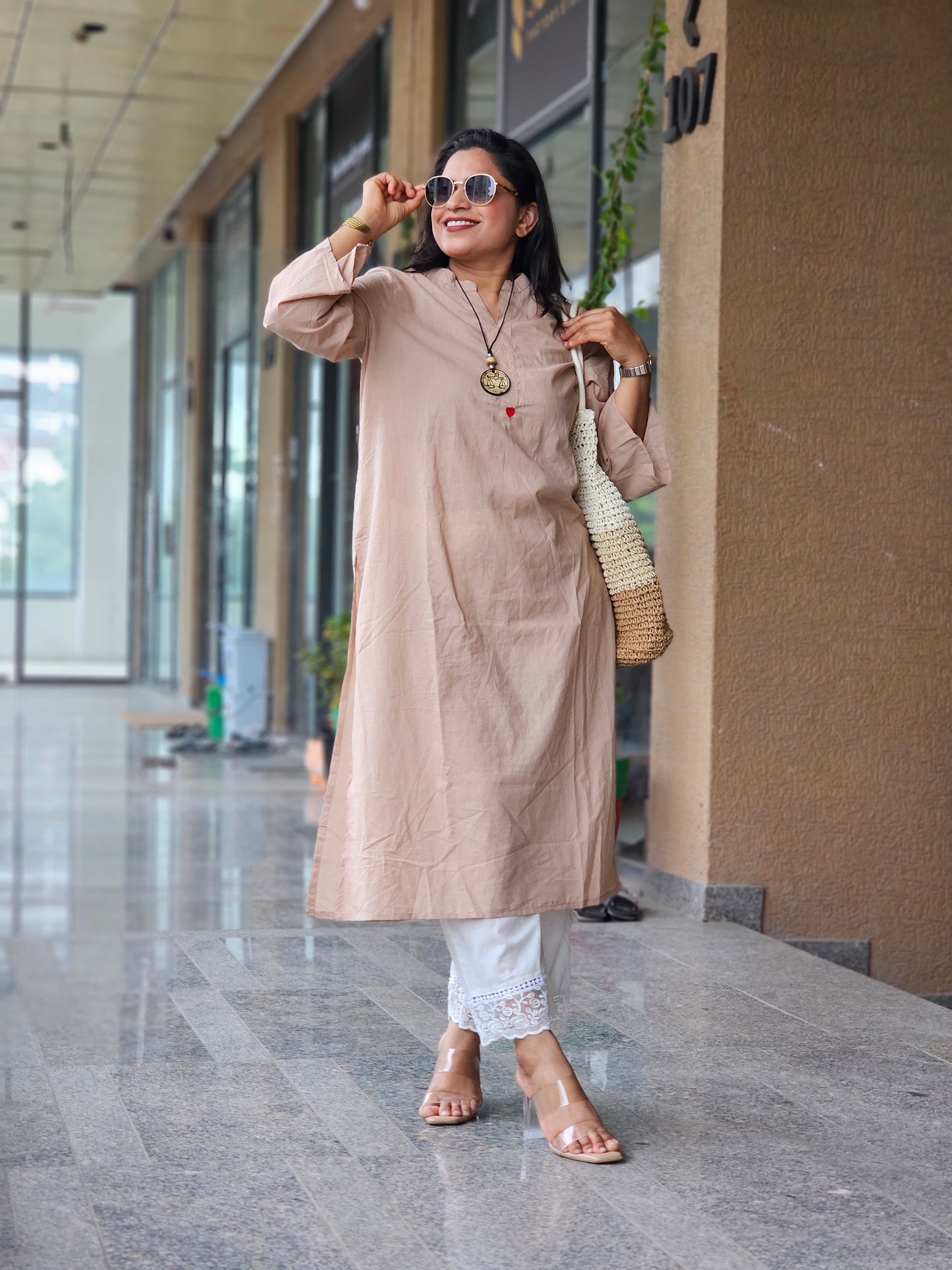 Beige Solid Kurta Plazo Set