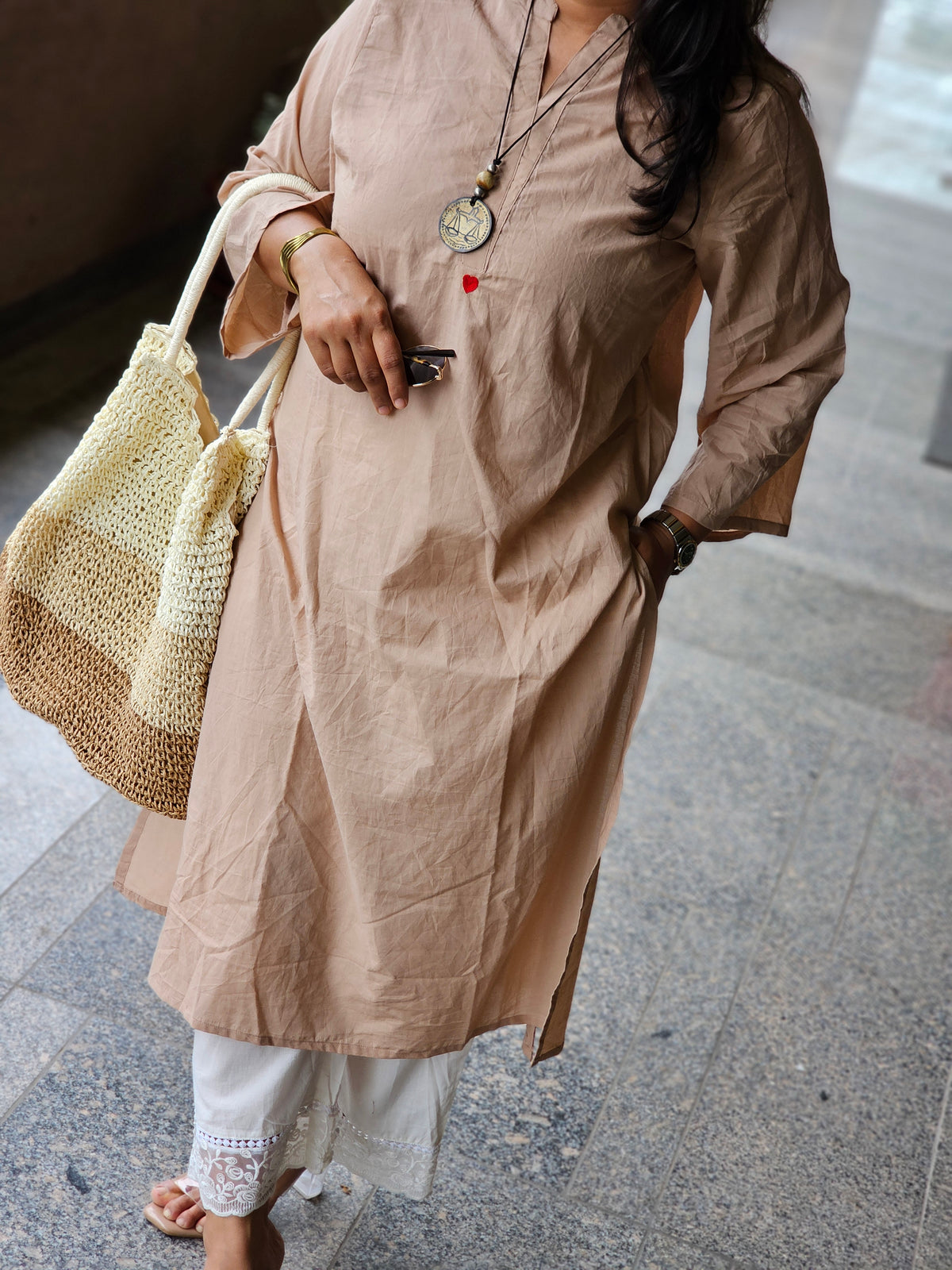 Beige Solid Kurta Plazo Set
