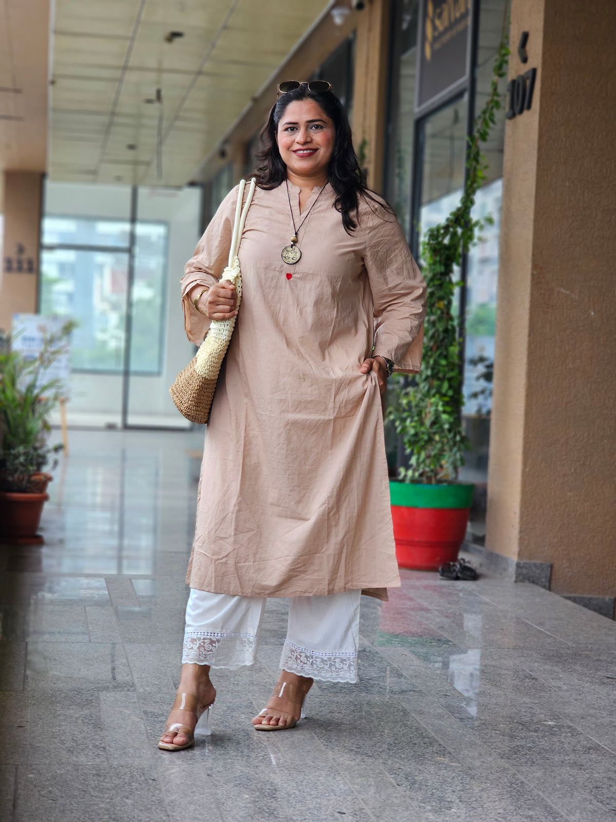 Beige Solid Kurta Plazo Set