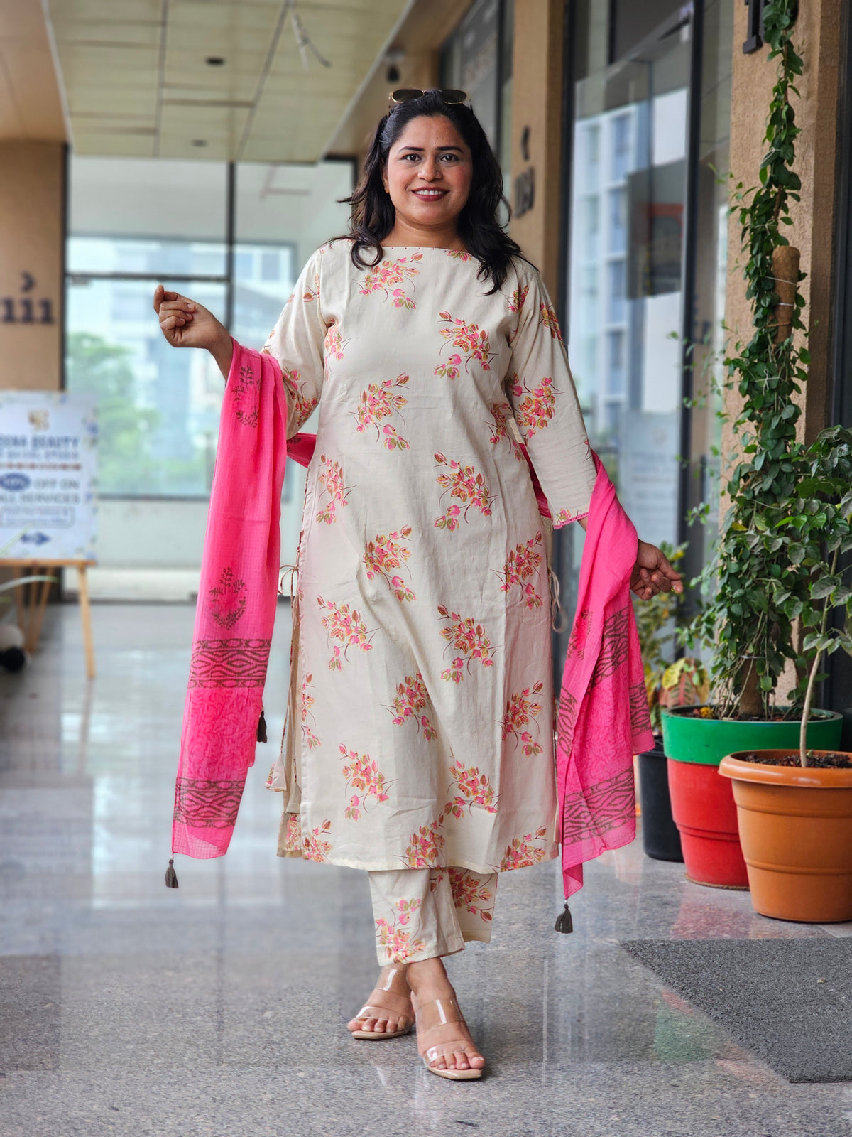 Off-White Boat Neck Floral Printed Kurta Set