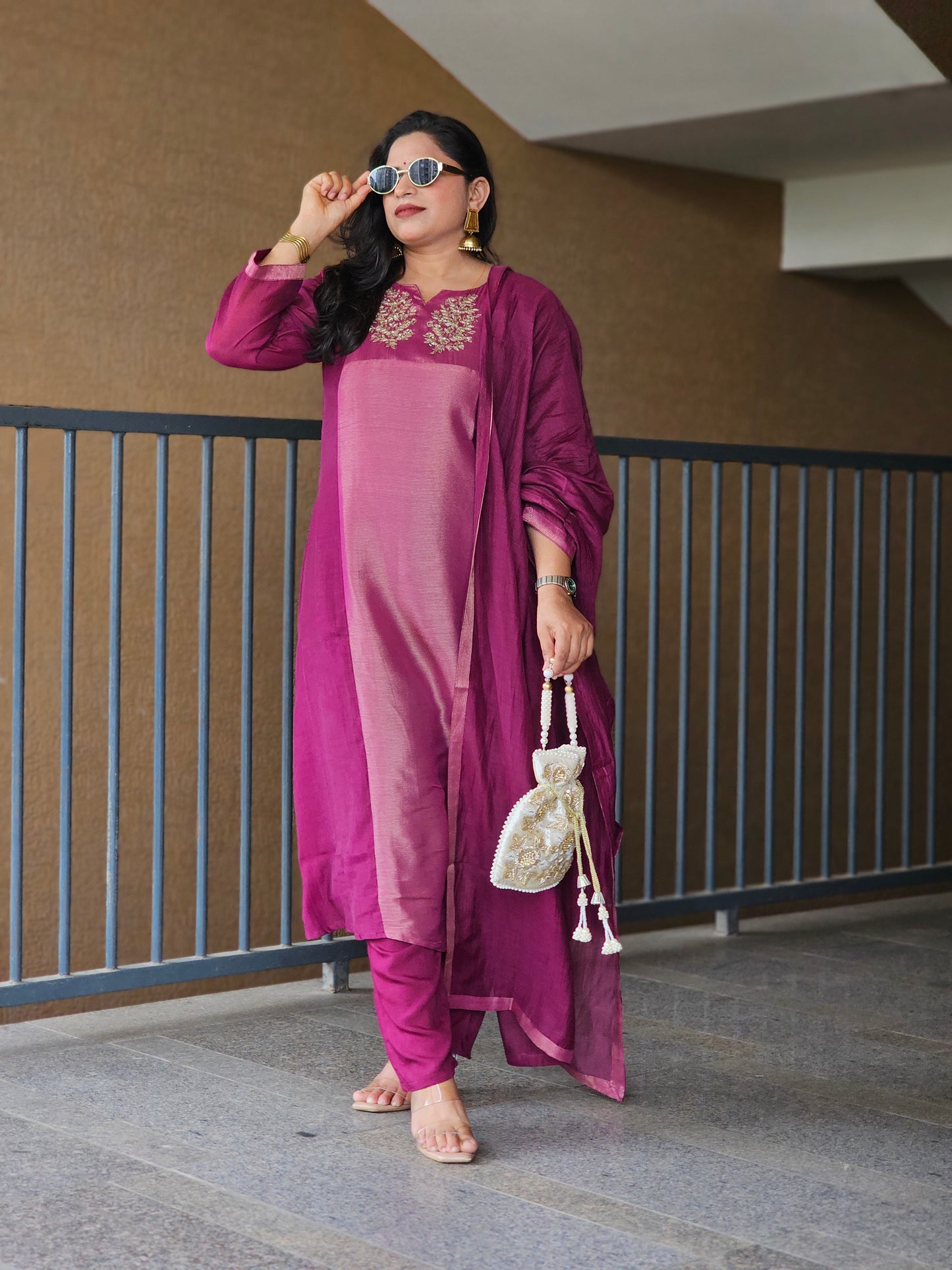 Purple Embroidered Chanderi Silk Kurta Set