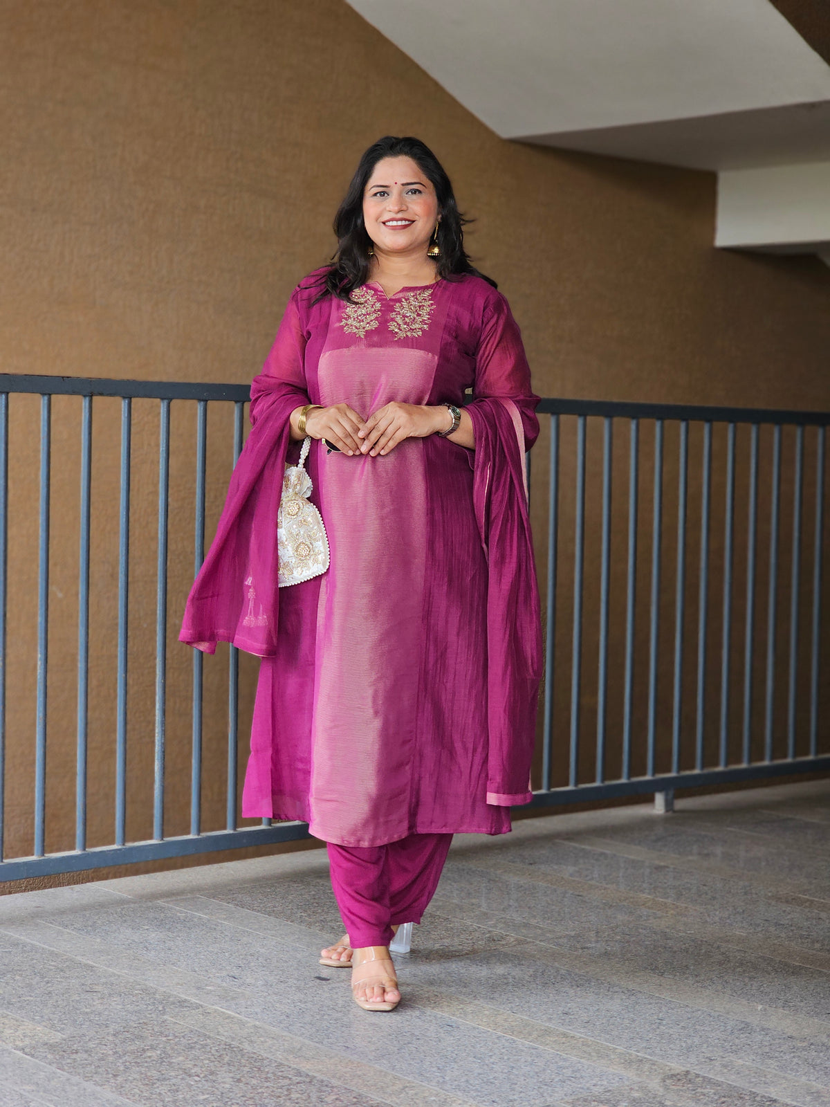 Purple Embroidered Chanderi Silk Kurta Set