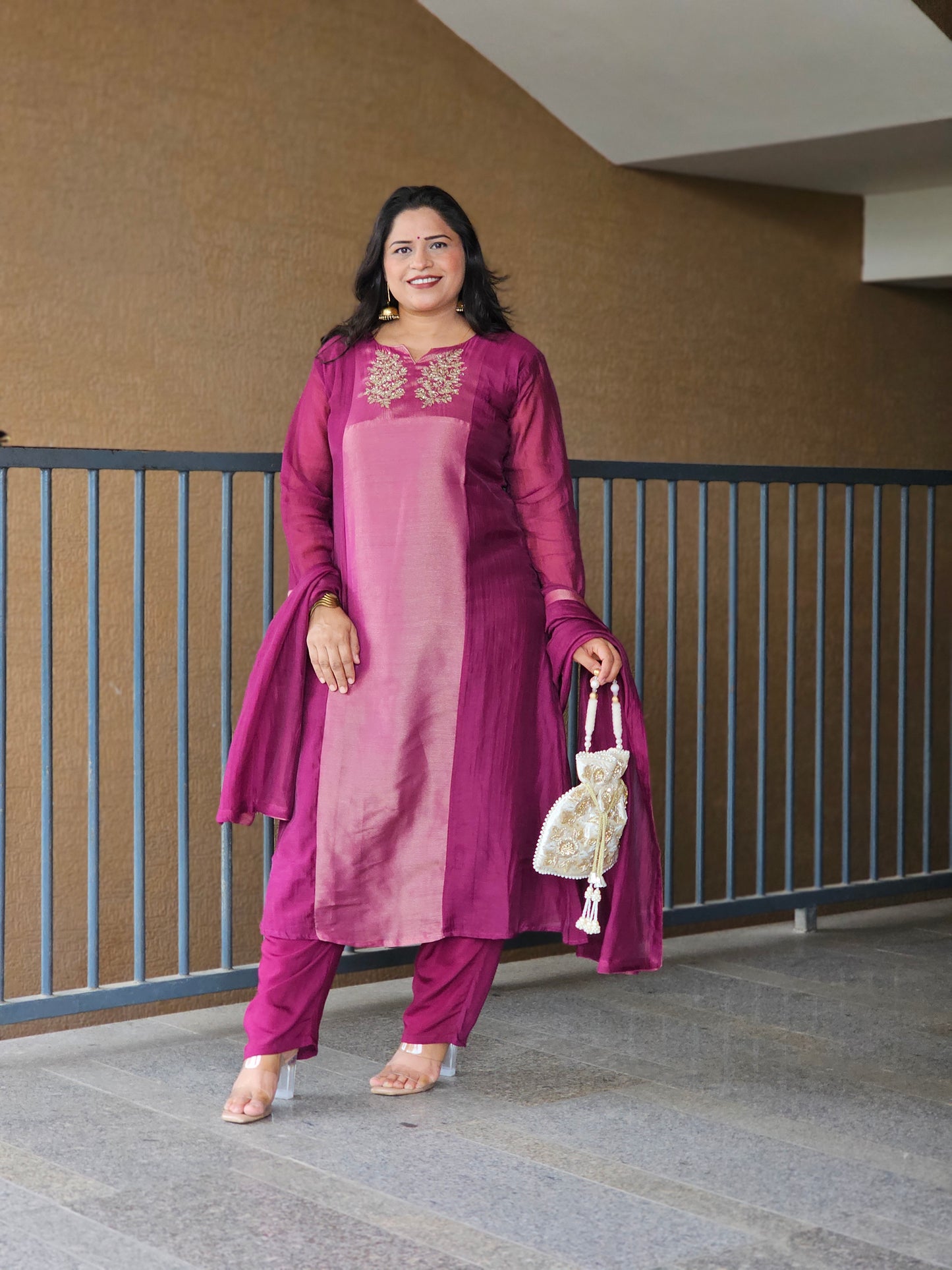 Purple Embroidered Chanderi Silk Kurta Set