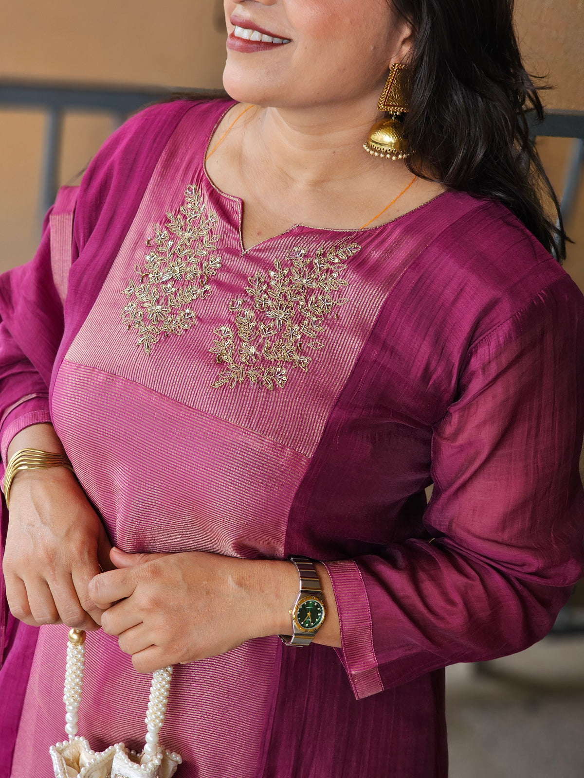 Purple Embroidered Chanderi Silk Kurta Set