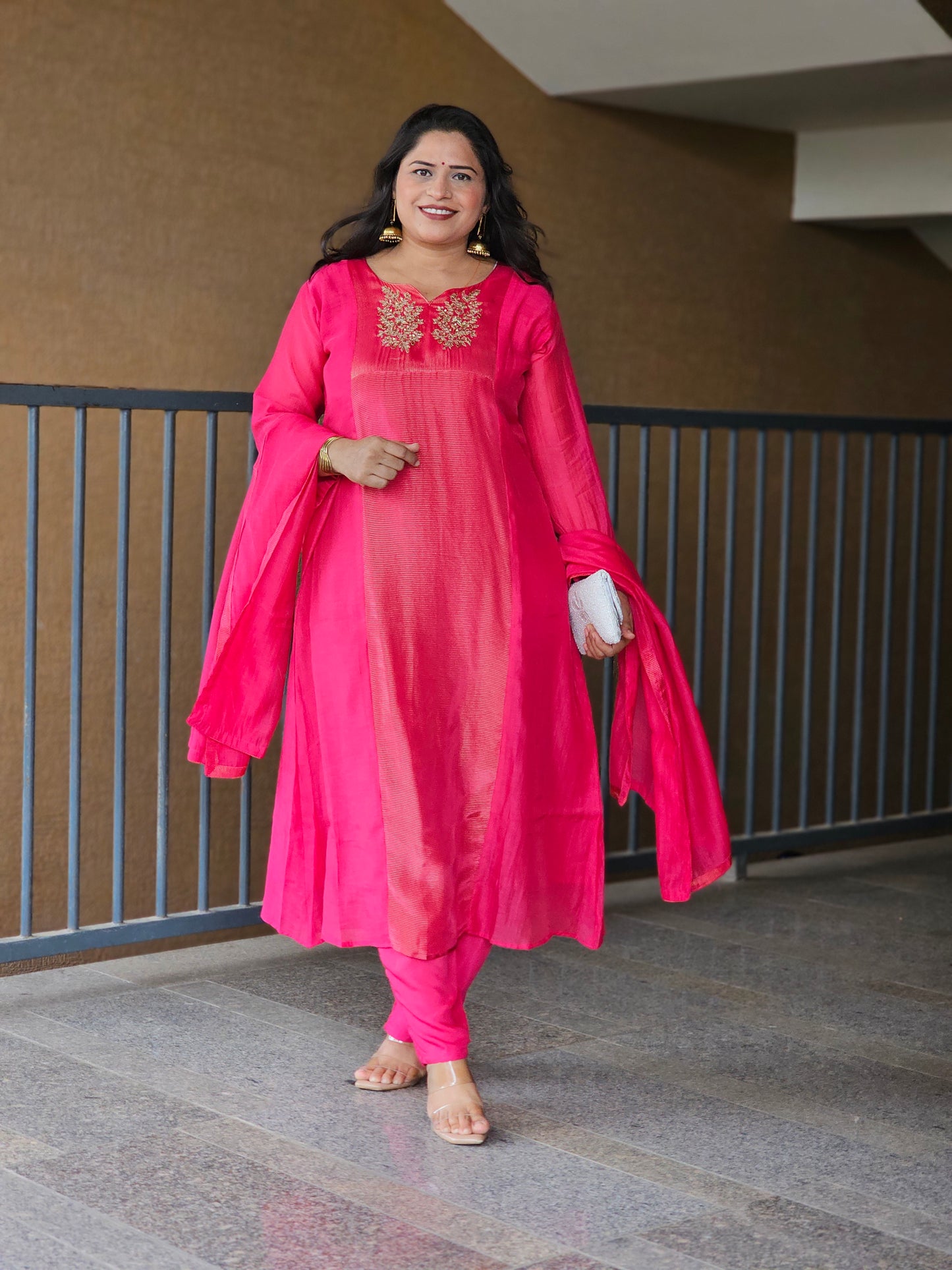 Rani Pink Embroidered Chanderi Silk Kurta Set