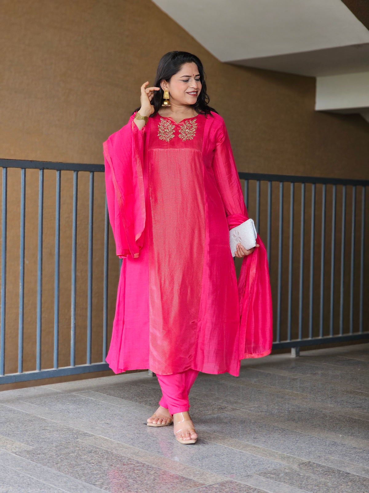 Rani Pink Embroidered Chanderi Silk Kurta Set