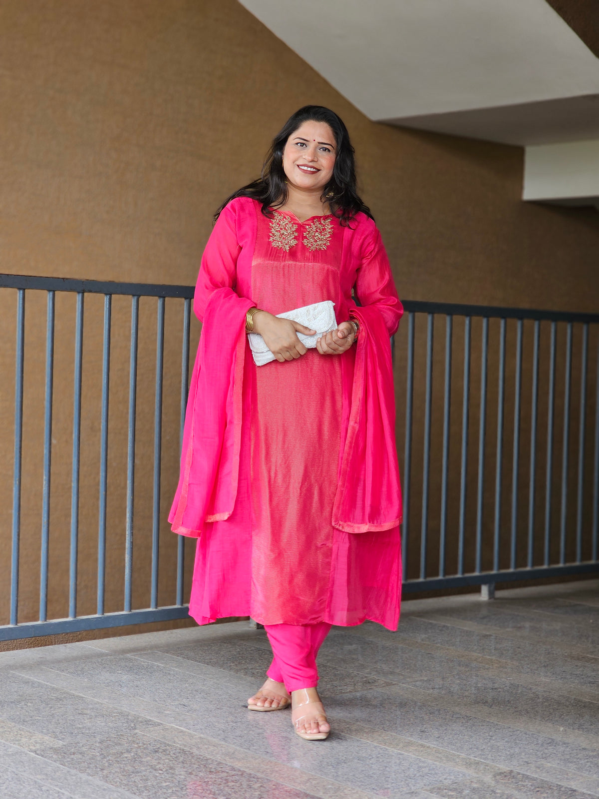Rani Pink Embroidered Chanderi Silk Kurta Set