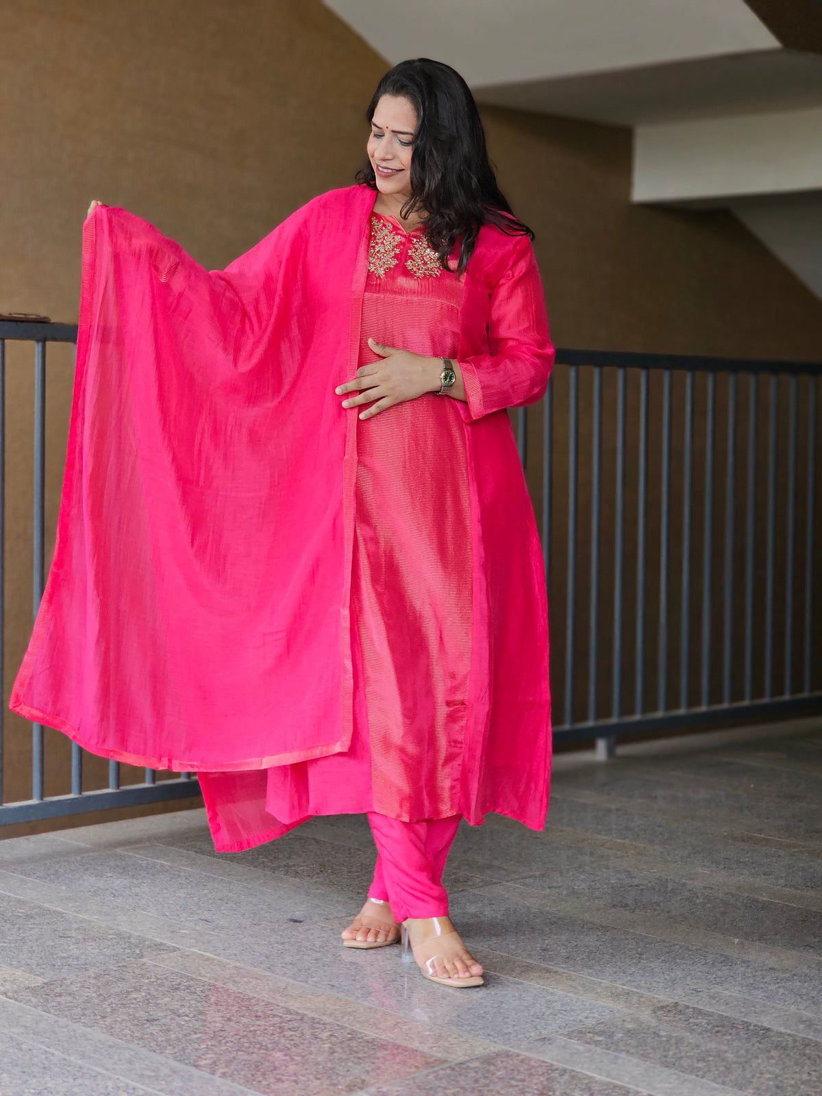 Rani Pink Embroidered Chanderi Silk Kurta Set