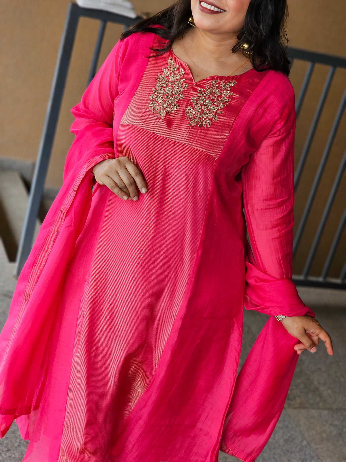 Rani Pink Embroidered Chanderi Silk Kurta Set