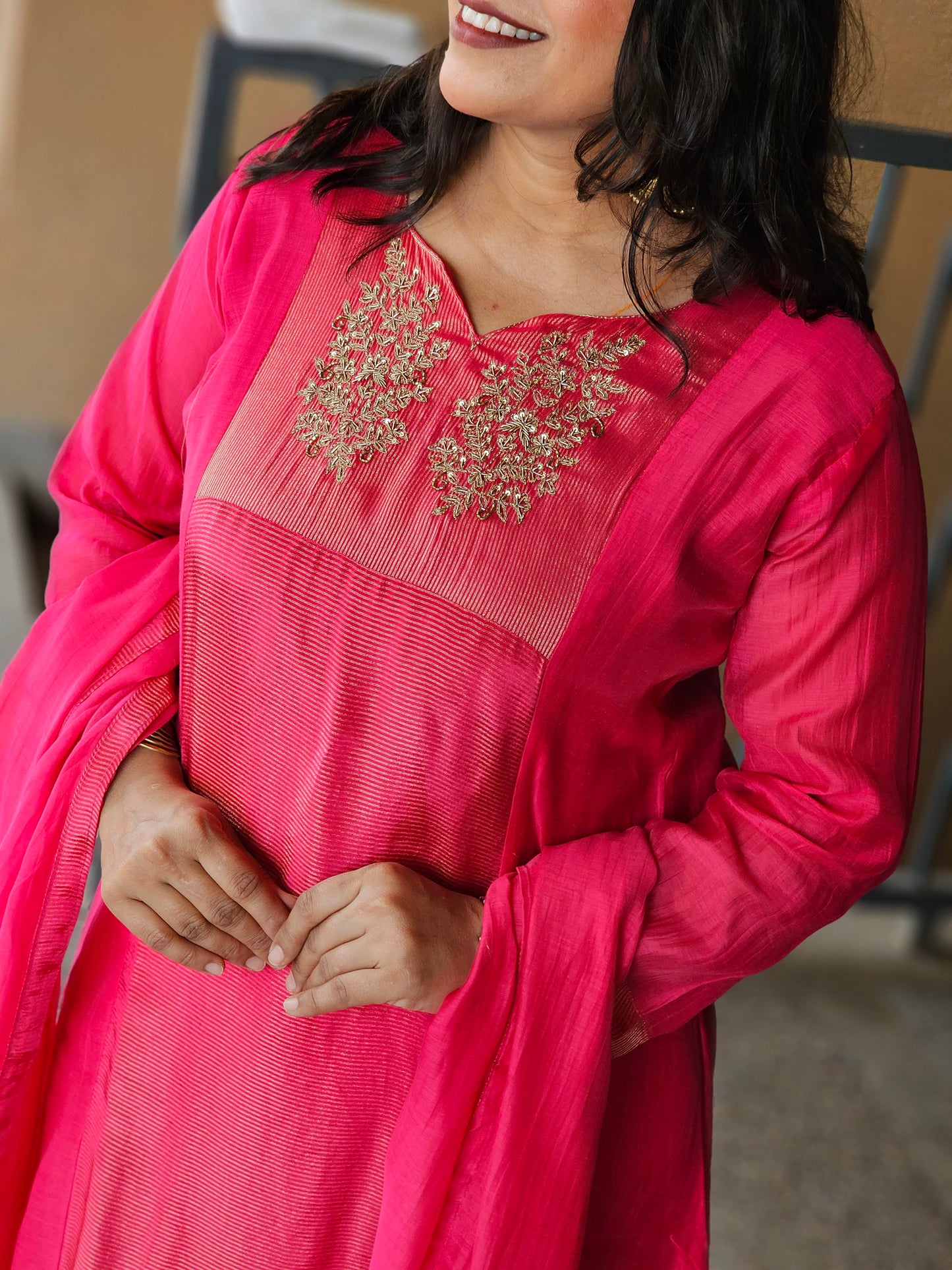 Rani Pink Embroidered Chanderi Silk Kurta Set