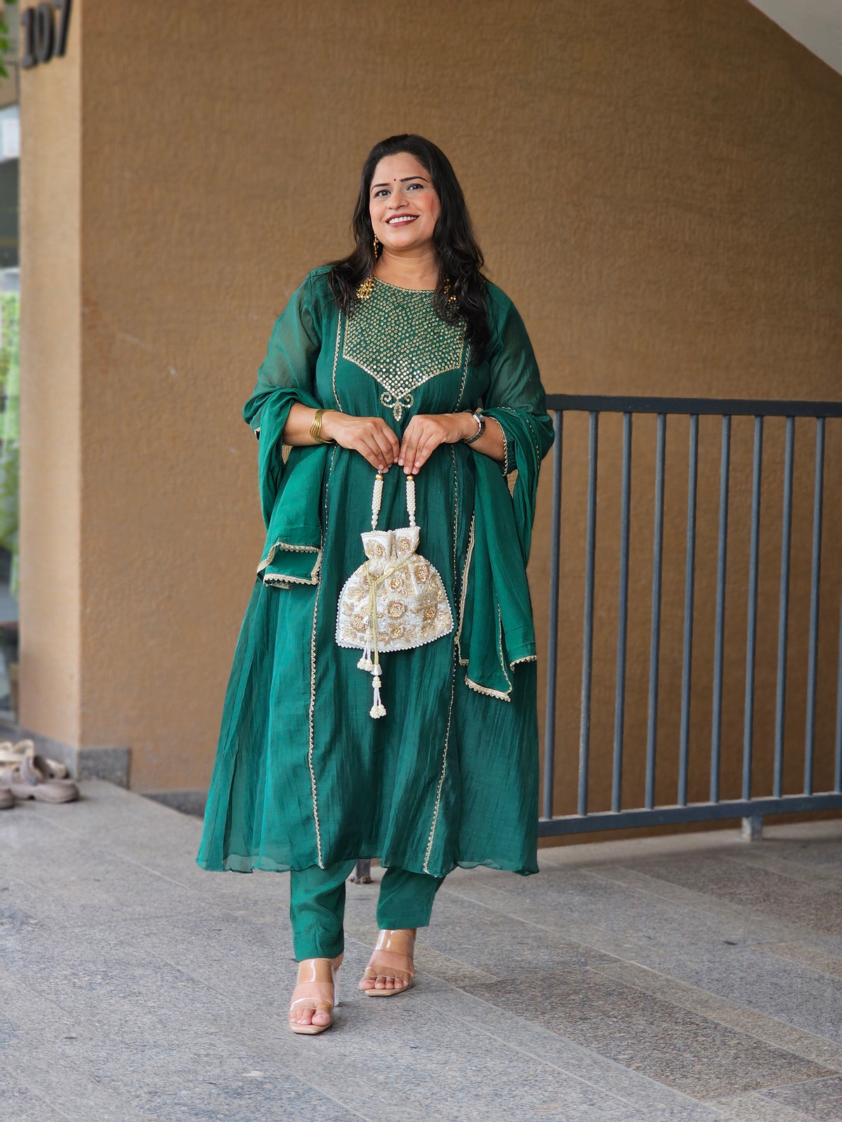 Green Embroidered Flared Kurta Set
