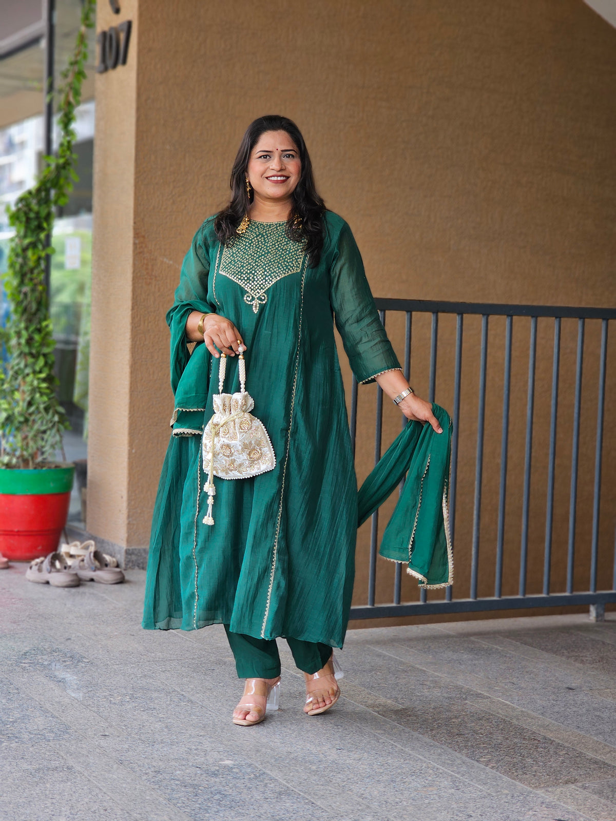 Green Embroidered Flared Kurta Set
