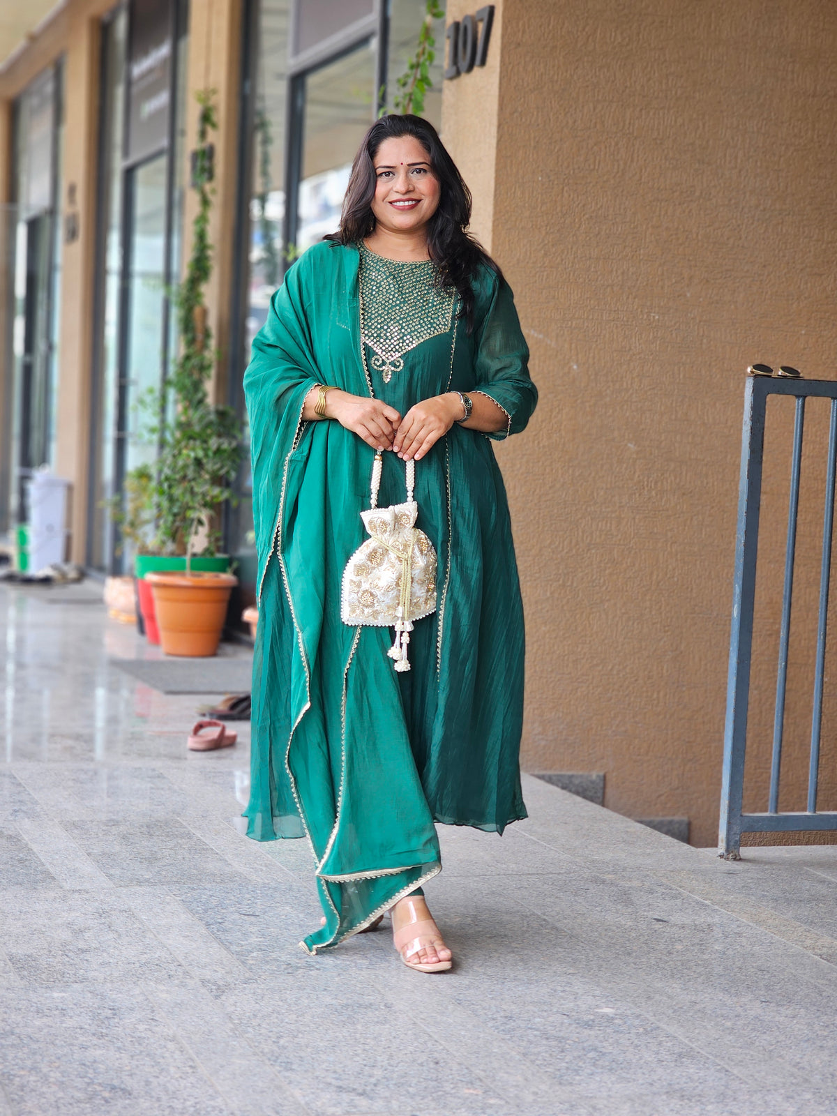 Green Embroidered Flared Kurta Set