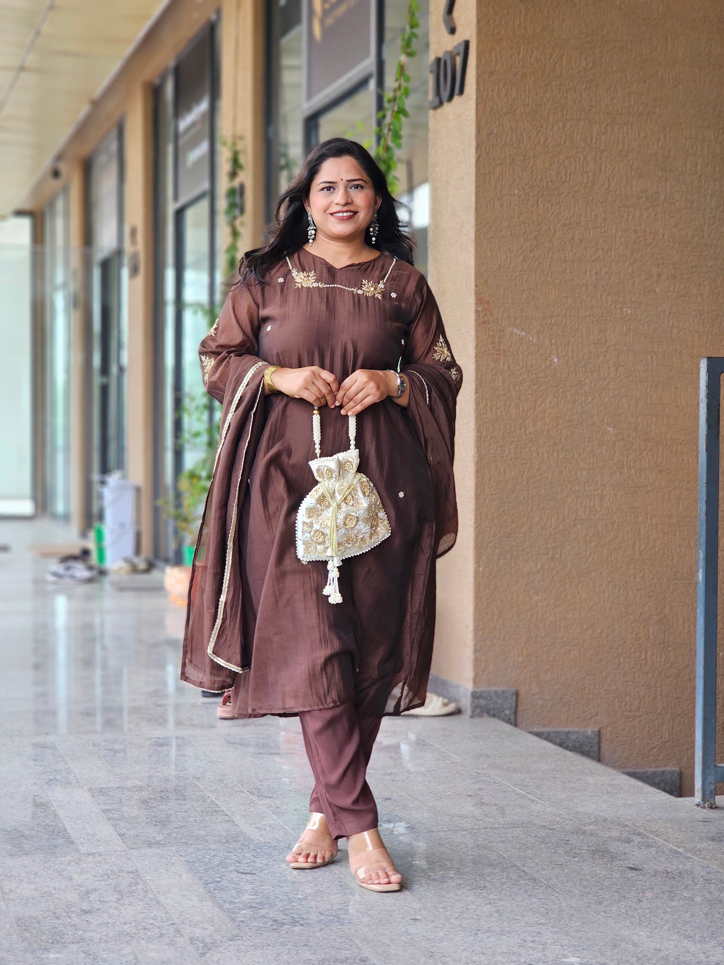 Dark Brown Embroidered Chanderi Silk Kurta Set